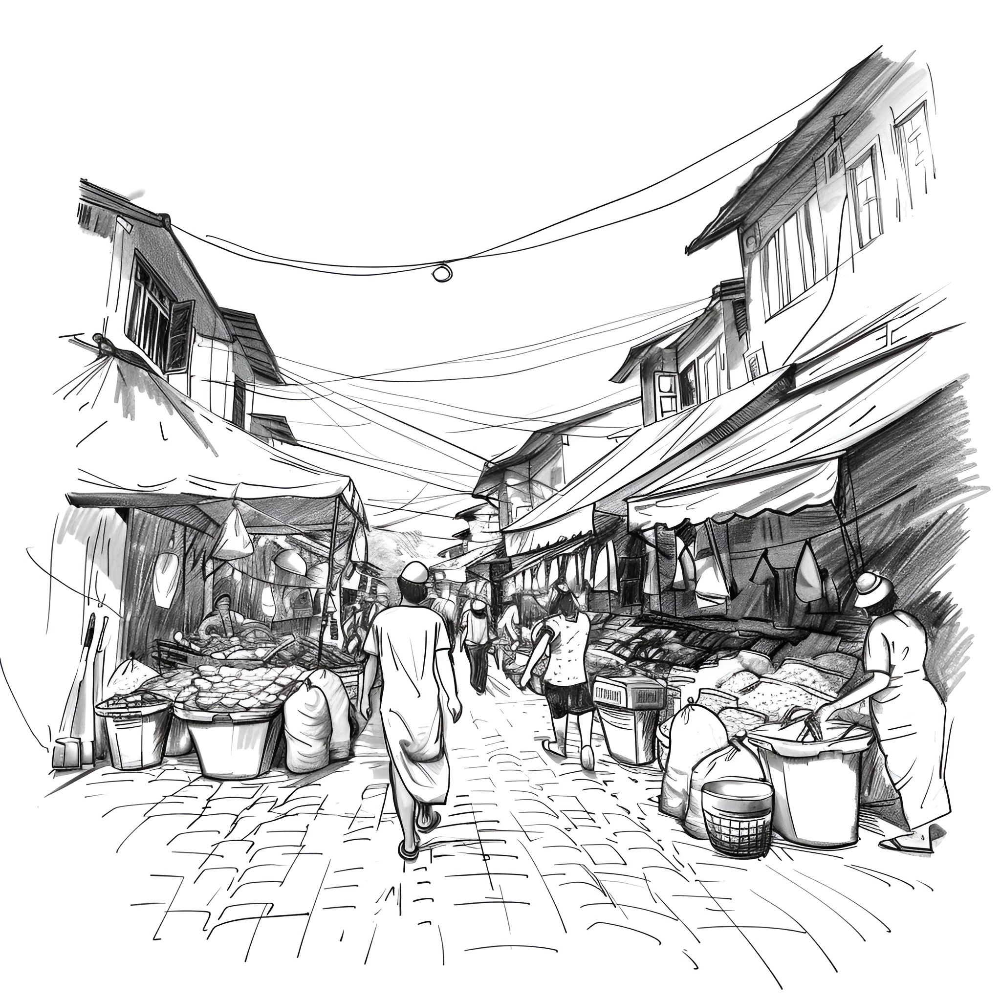 Pencil Sketch of a Bustling Street Market Drawing Idea (free black-and-white line drawing printable PDF for all, from beginners to advanced learners, including children, teens, adults, and seniors)