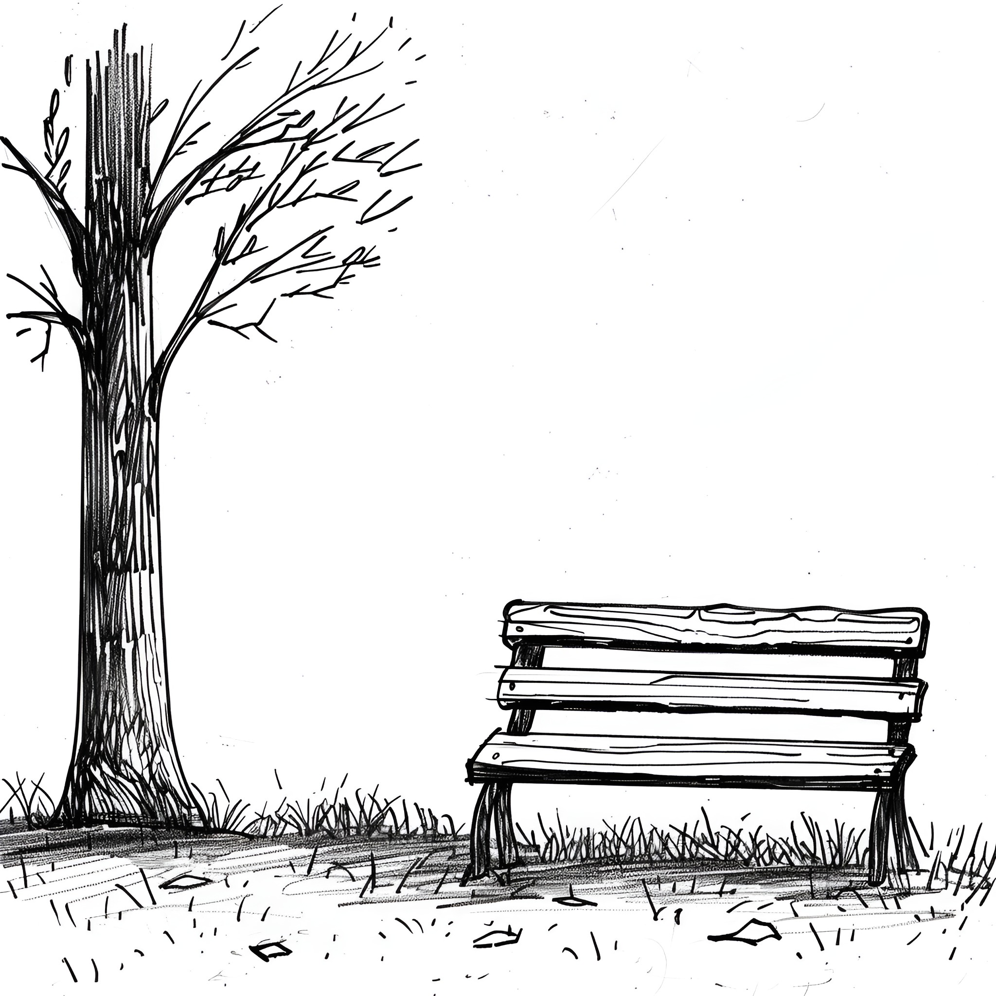 Pencil Sketch of Bare Tree and Bench Drawing Idea (free black-and-white line drawing printable PDF for all, from beginners to advanced learners, including children, teens, adults, and seniors)