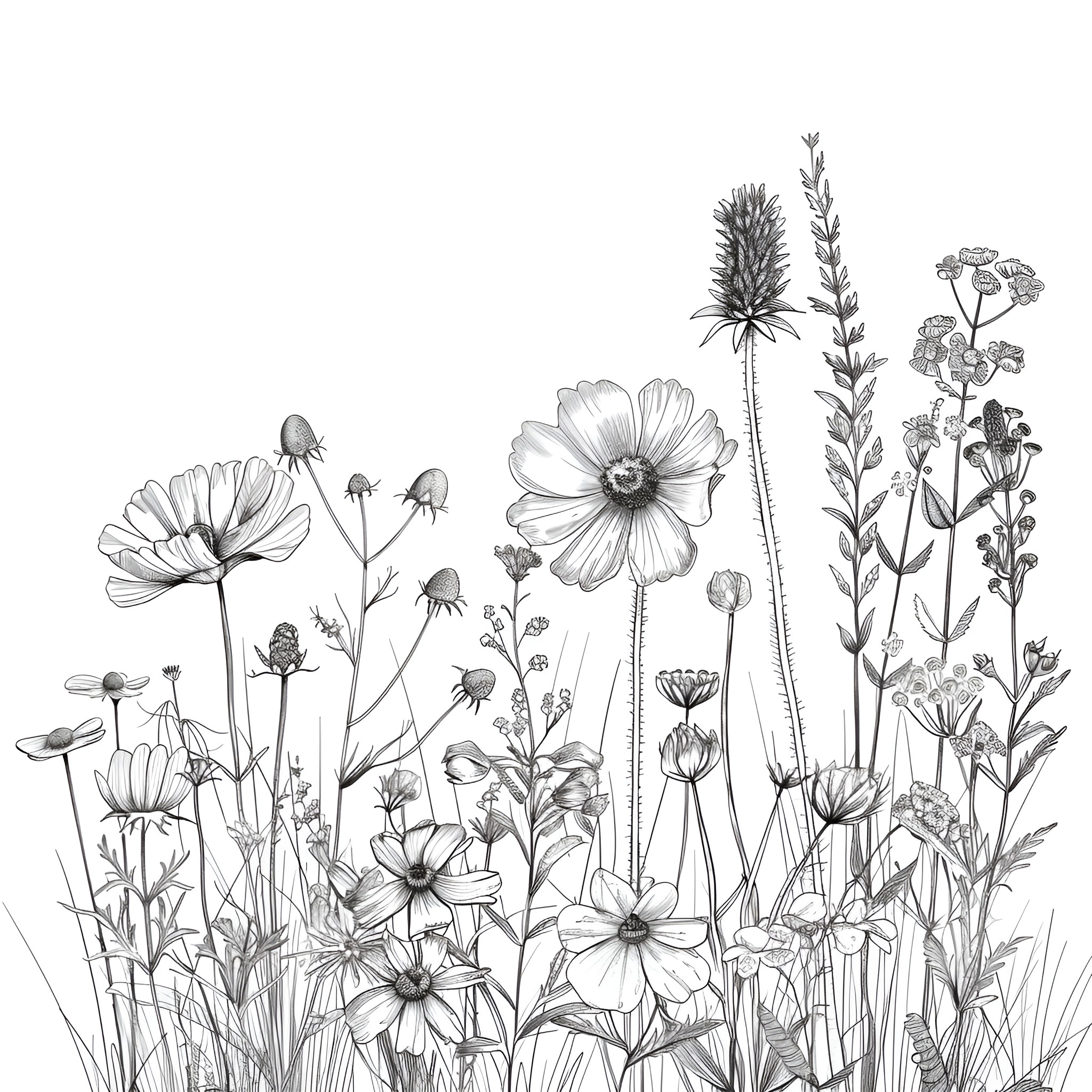 Pencil Sketch of Blooming Wildflowers Drawing Idea (free black-and-white line drawing printable PDF for all, from beginners to advanced learners, including children, teens, adults, and seniors)