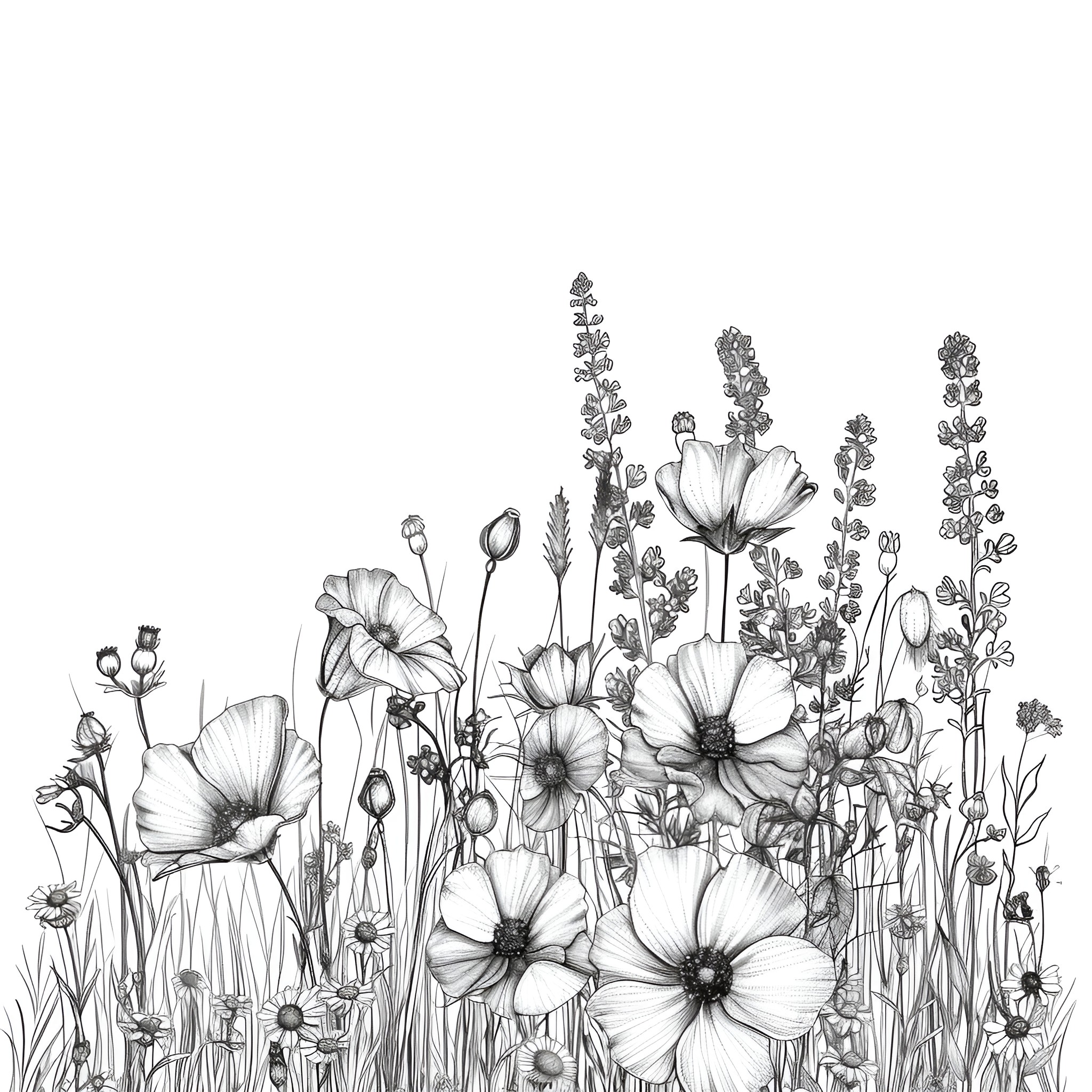 Pencil Sketch of Blooming Flowers Drawing Idea (free black-and-white line drawing printable PDF for all, from beginners to advanced learners, including children, teens, adults, and seniors)