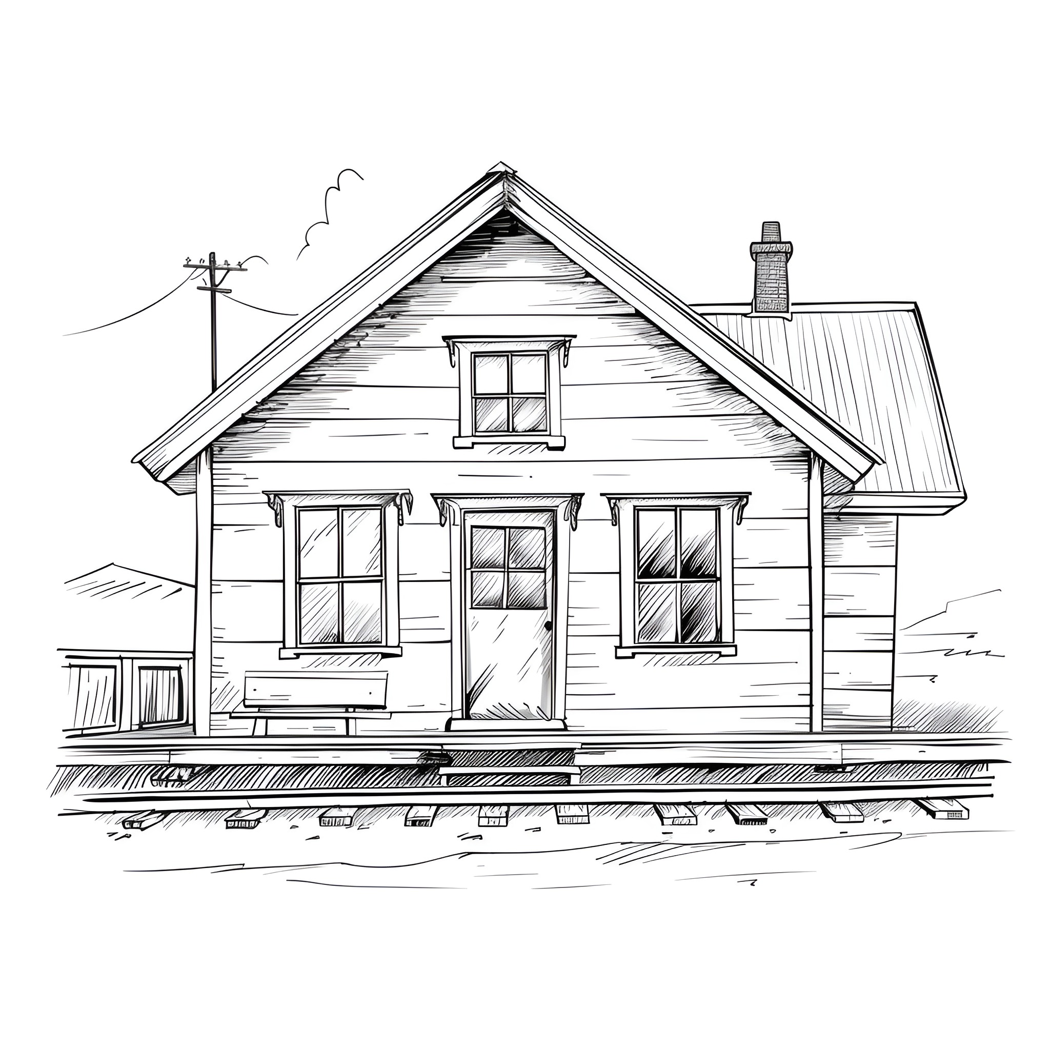 Pencil Sketch of Rural Cottage Drawing Idea (free black-and-white line drawing printable PDF for all, from beginners to advanced learners, including children, teens, adults, and seniors)