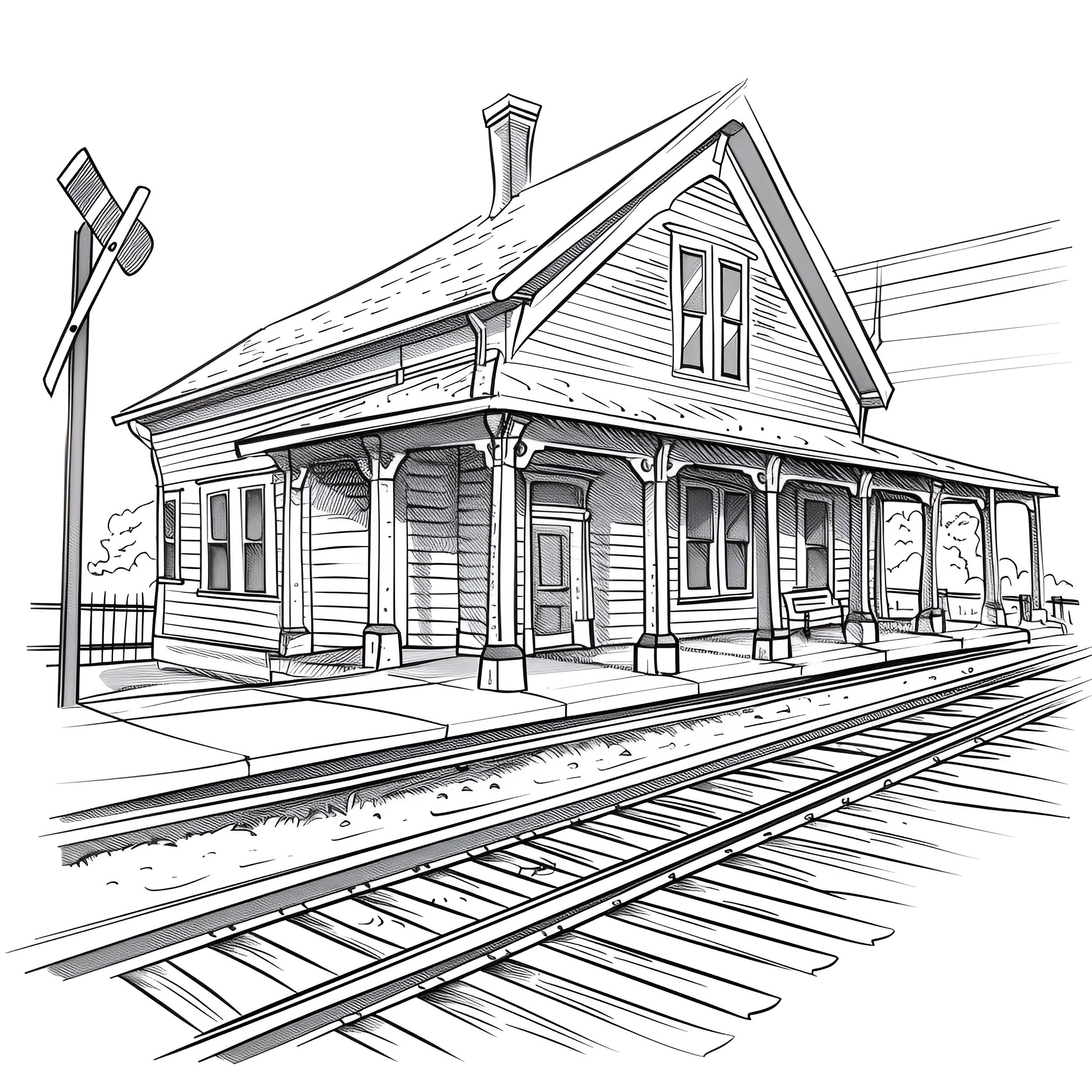 Pencil Sketch of Quaint Railway Station Drawing Idea (free black-and-white line drawing printable PDF for all, from beginners to advanced learners, including children, teens, adults, and seniors)