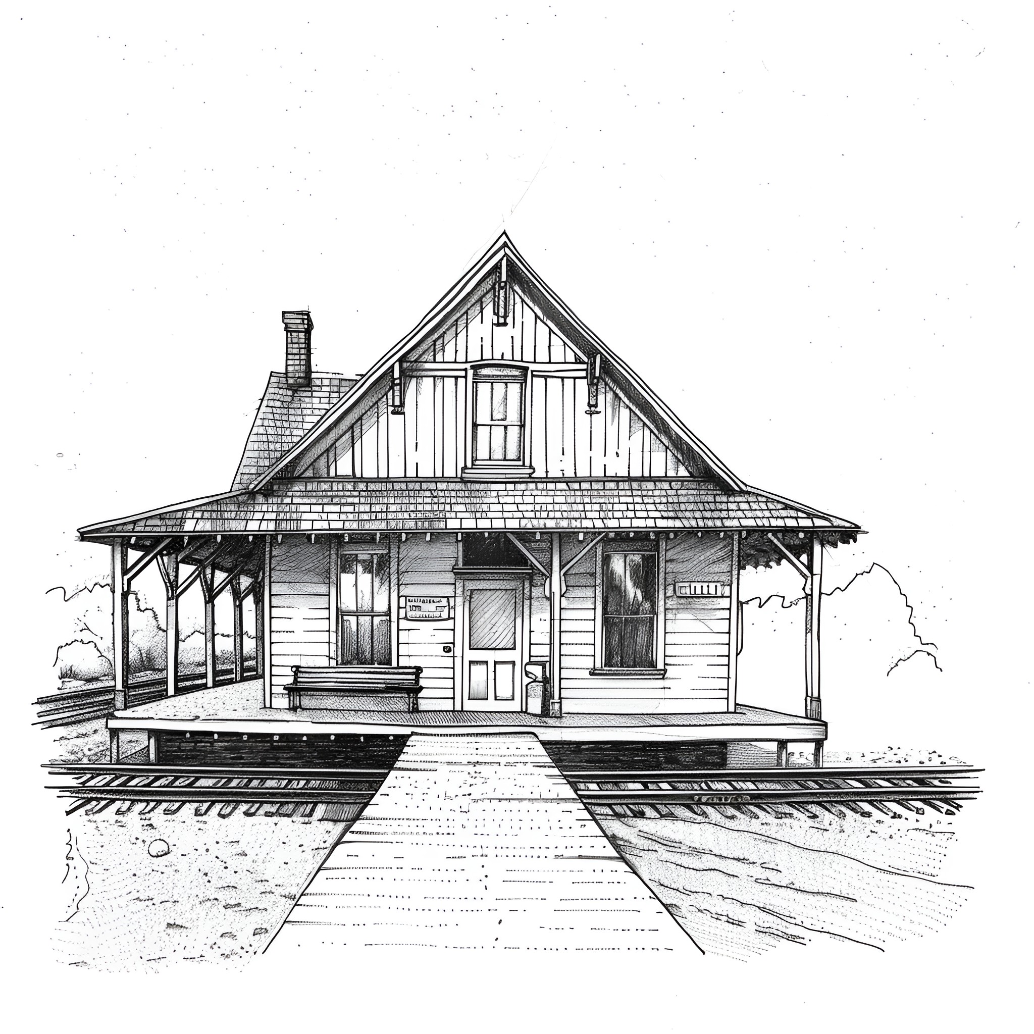 Pencil Sketch of a Rustic Country House Drawing Idea (free black-and-white line drawing printable PDF for all, from beginners to advanced learners, including children, teens, adults, and seniors)