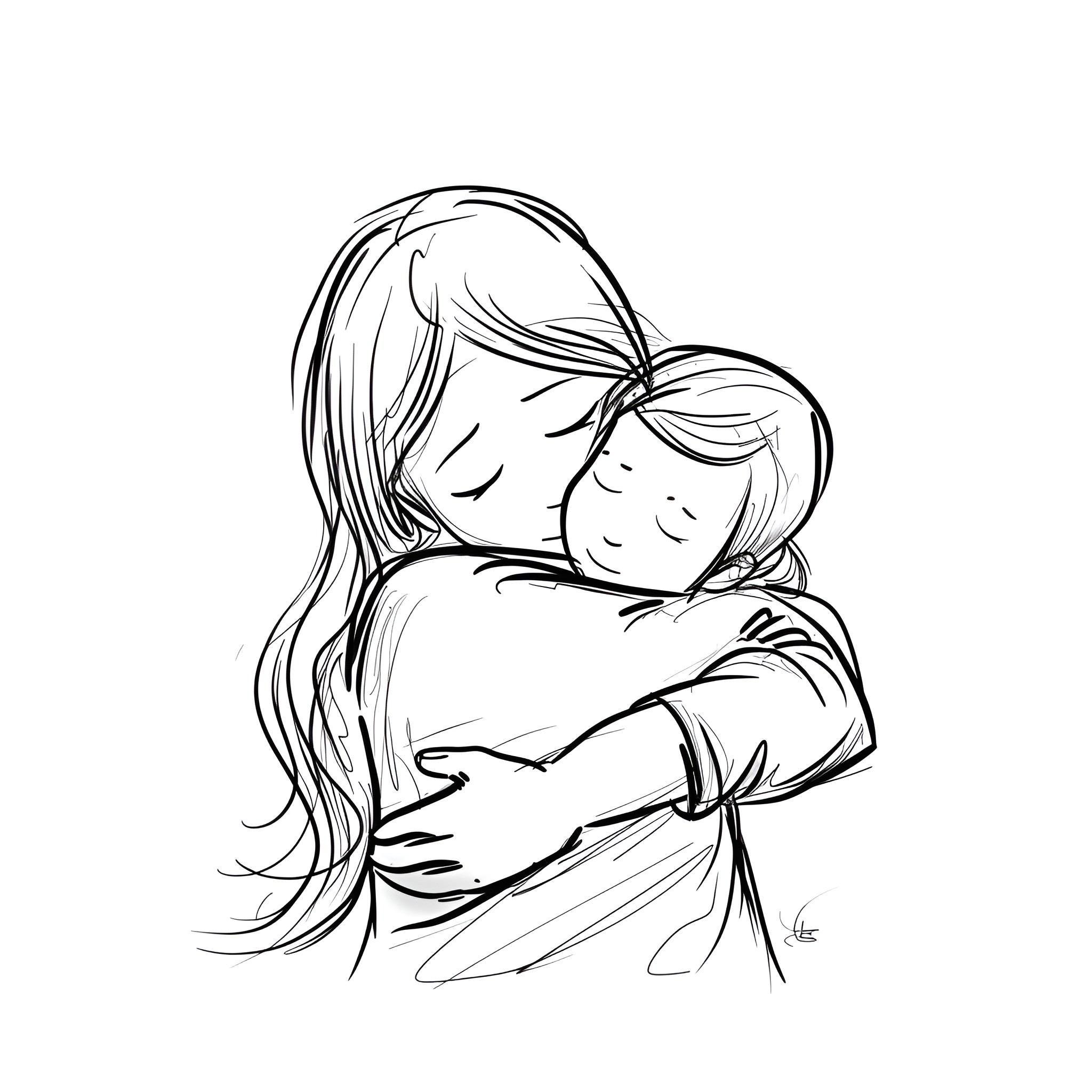 Pencil Sketch of Mother Embracing Child Drawing Idea (free black-and-white line drawing printable PDF for all, from beginners to advanced learners, including children, teens, adults, and seniors)