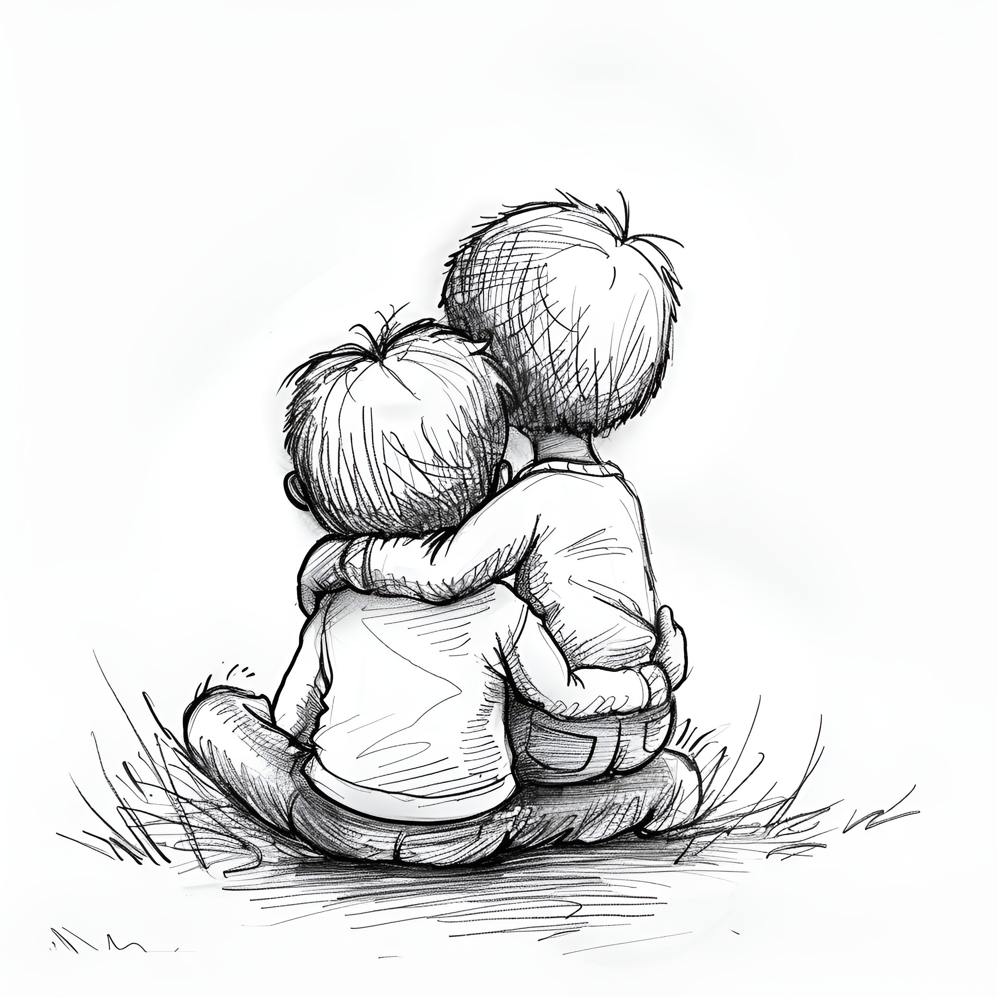 Pencil Sketch of Close Friends Hugging Drawing Idea (free black-and-white line drawing printable PDF for all, from beginners to advanced learners, including children, teens, adults, and seniors)