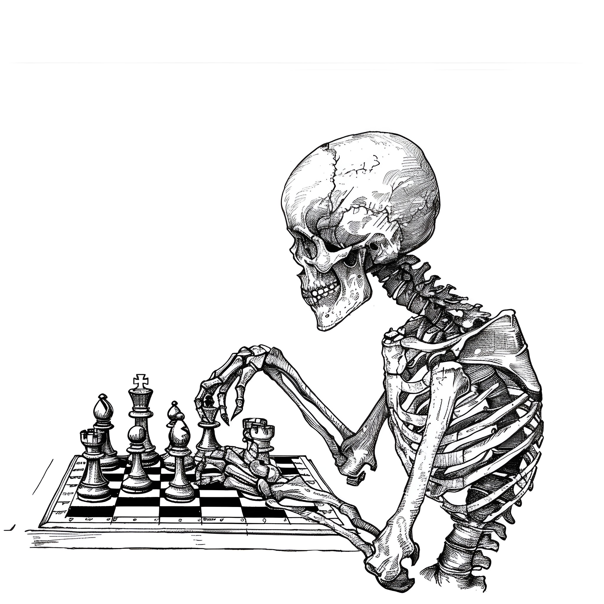 Skull playing chess pensively Drawing Idea (free black-and-white line drawing printable PDF for all, from beginners to advanced learners, including children, teens, adults, and seniors)