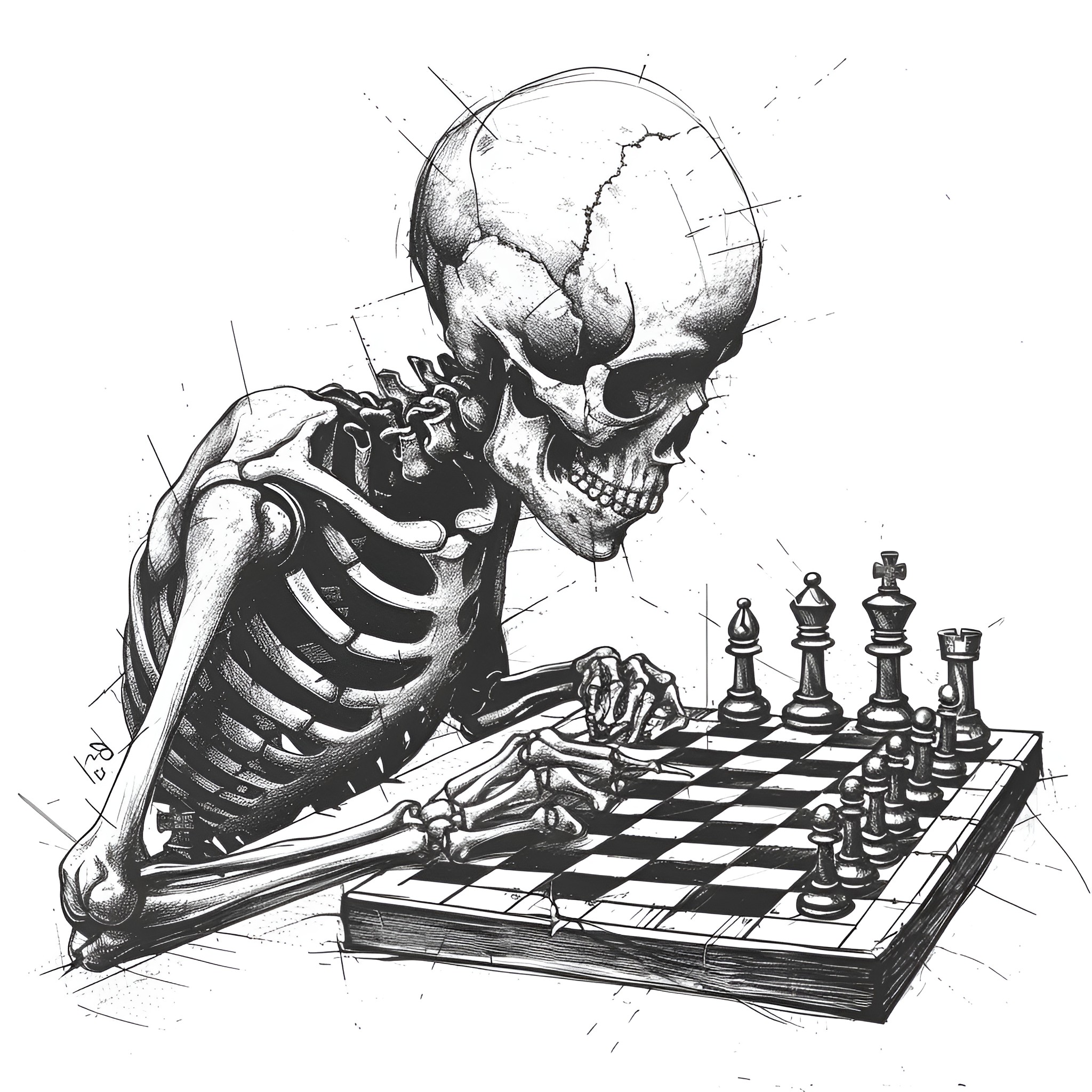 Skull playing chess with death Drawing Idea (free black-and-white line drawing printable PDF for all, from beginners to advanced learners, including children, teens, adults, and seniors)