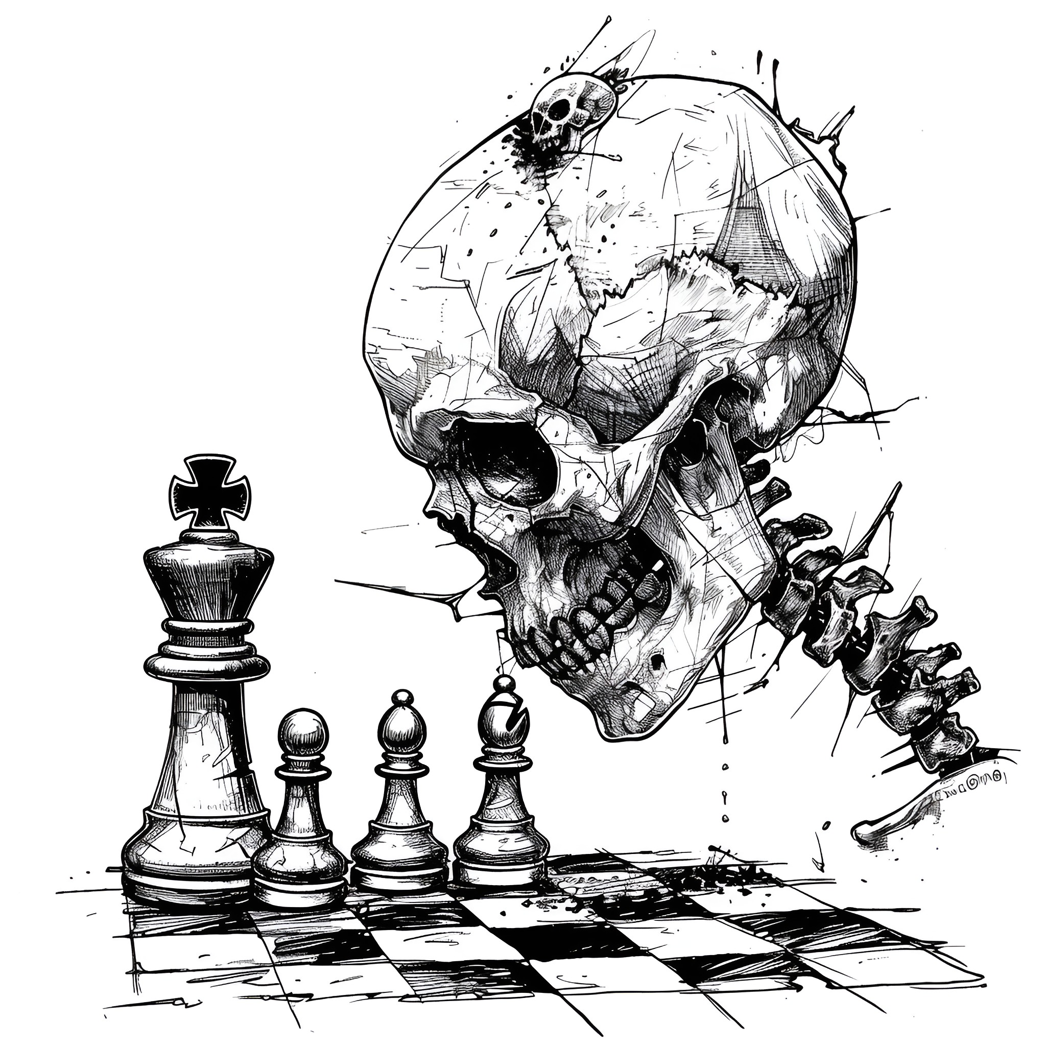 Skull in an abstract chess scene Drawing Idea (free black-and-white line drawing printable PDF for all, from beginners to advanced learners, including children, teens, adults, and seniors)