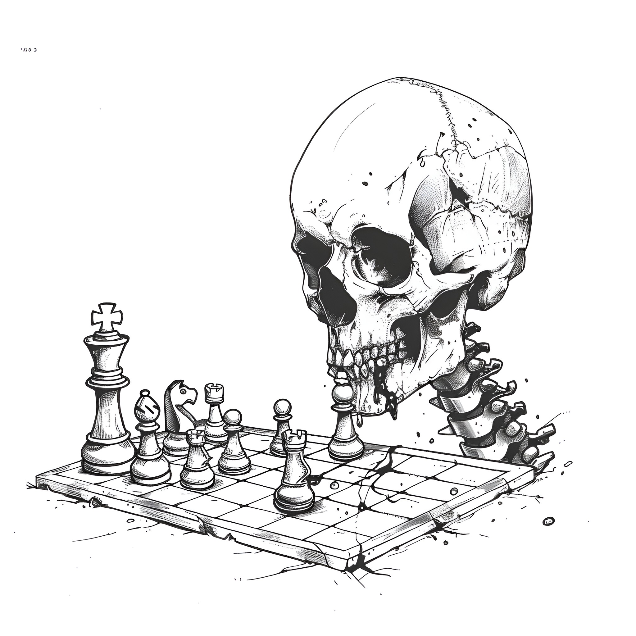 Skull Strategizing Chess Moves Drawing Idea (free black-and-white line drawing printable PDF for all, from beginners to advanced learners, including children, teens, adults, and seniors)
