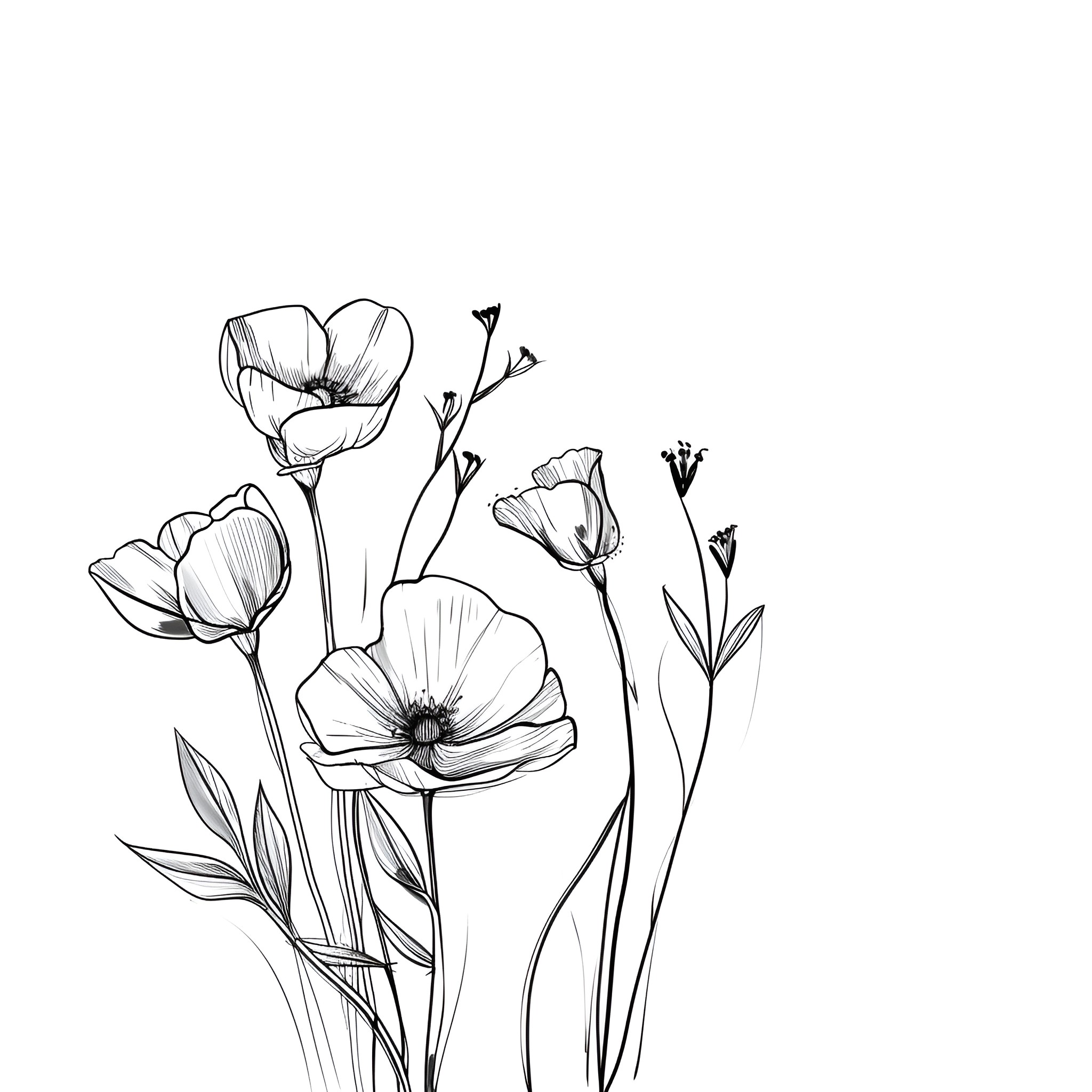 Pencil Sketch of Blooming Wildflowers Drawing Idea (free black-and-white line drawing printable PDF for all, from beginners to advanced learners, including children, teens, adults, and seniors)