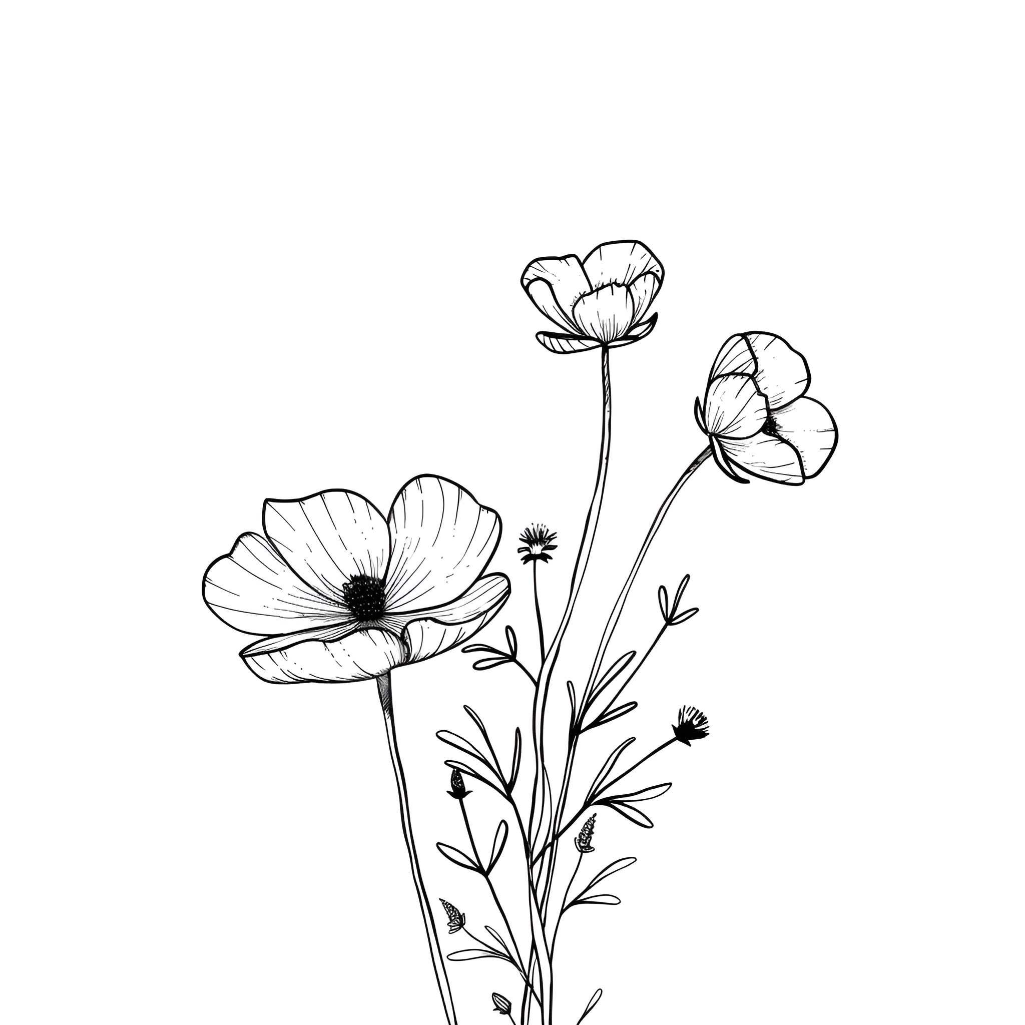 Pencil Sketch of Floral Bouquet Drawing Idea (free black-and-white line drawing printable PDF for all, from beginners to advanced learners, including children, teens, adults, and seniors)