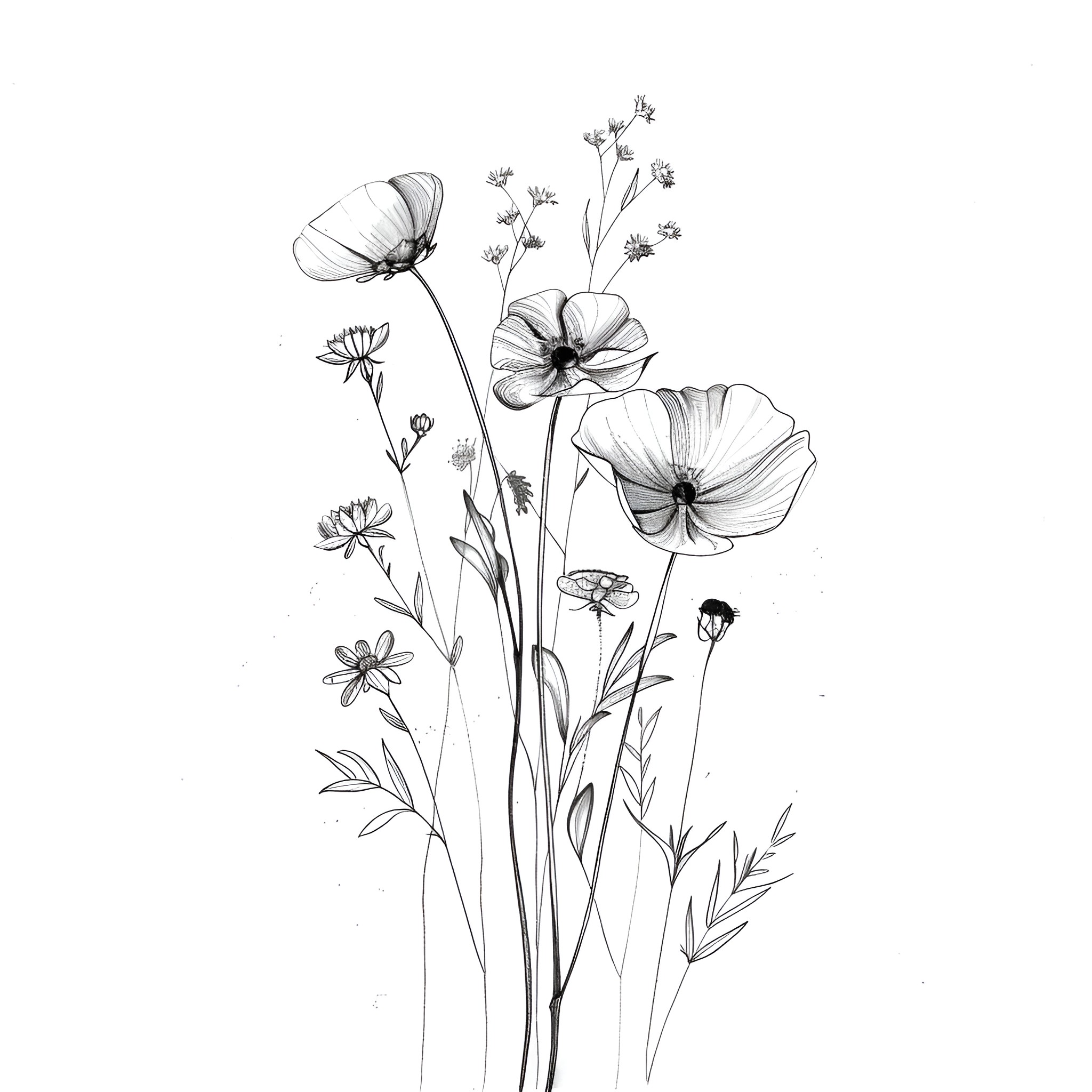 Pencil Sketch of Blooming Floral Arrangement Drawing Idea (free black-and-white line drawing printable PDF for all, from beginners to advanced learners, including children, teens, adults, and seniors)