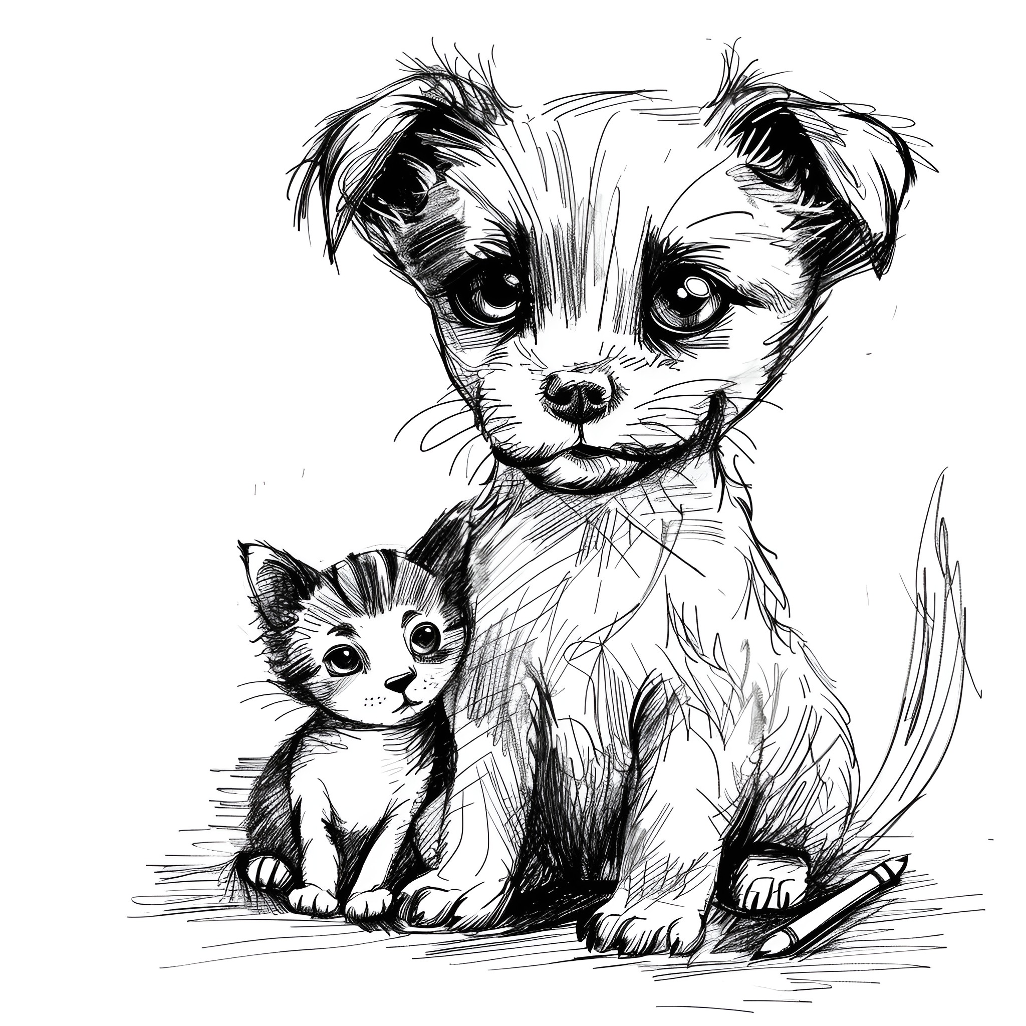 Pencil Sketch of Adorable Puppy and Kitten Drawing Idea (free black-and-white line drawing printable PDF for all, from beginners to advanced learners, including children, teens, adults, and seniors)