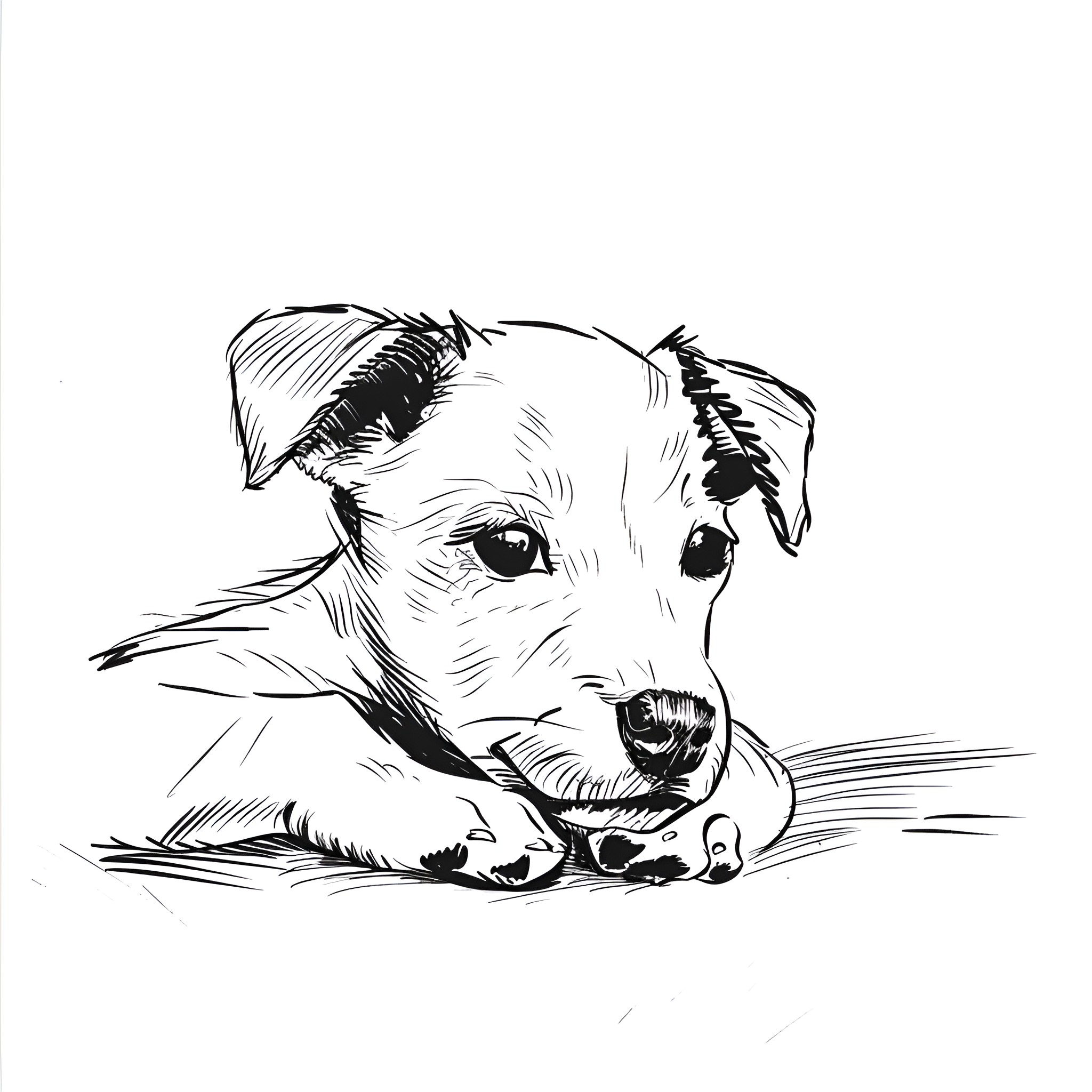 Pencil Sketch of a Pensive Puppy Drawing Idea (free black-and-white line drawing printable PDF for all, from beginners to advanced learners, including children, teens, adults, and seniors)