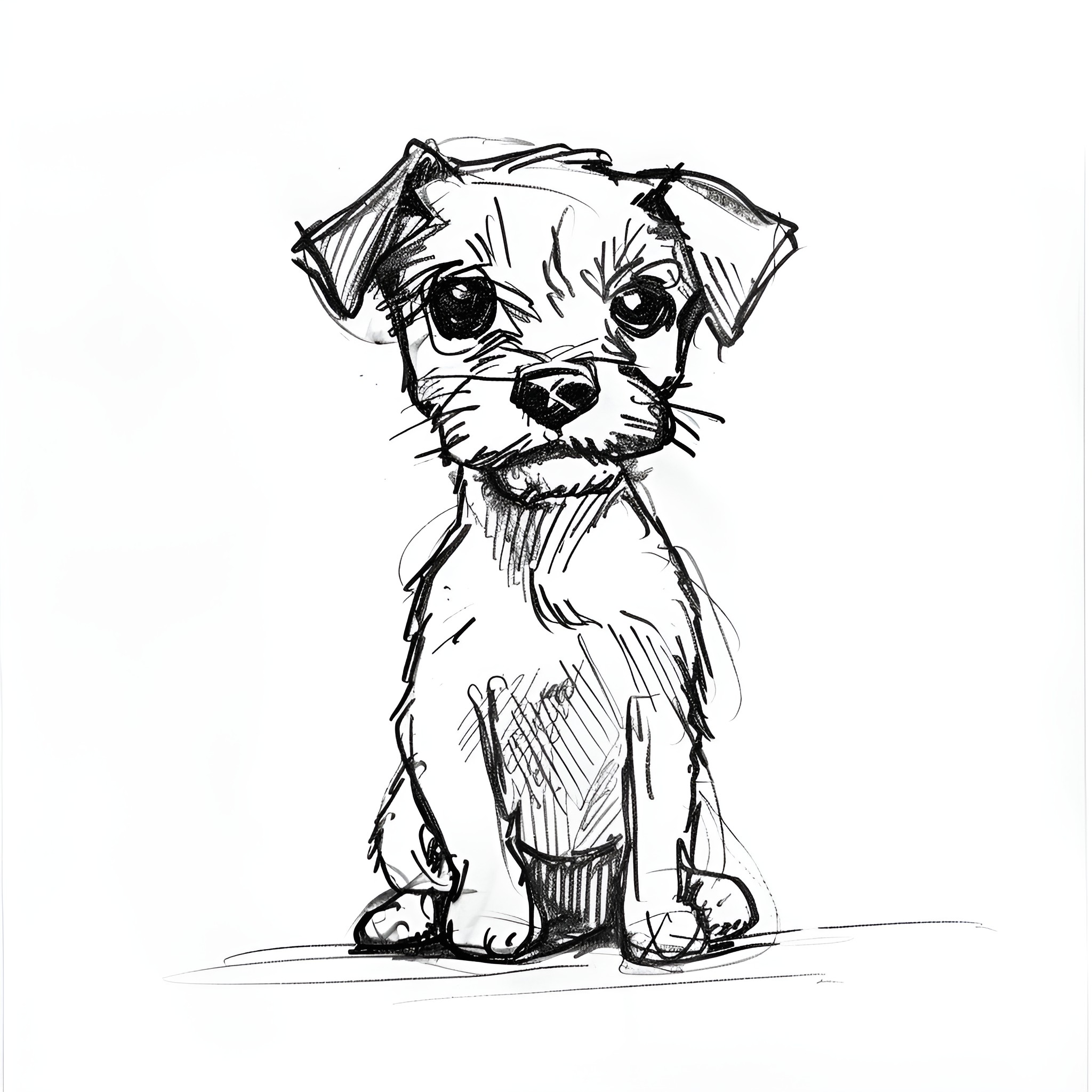 Pencil Sketch of Playful Puppy Drawing Idea (free black-and-white line drawing printable PDF for all, from beginners to advanced learners, including children, teens, adults, and seniors)