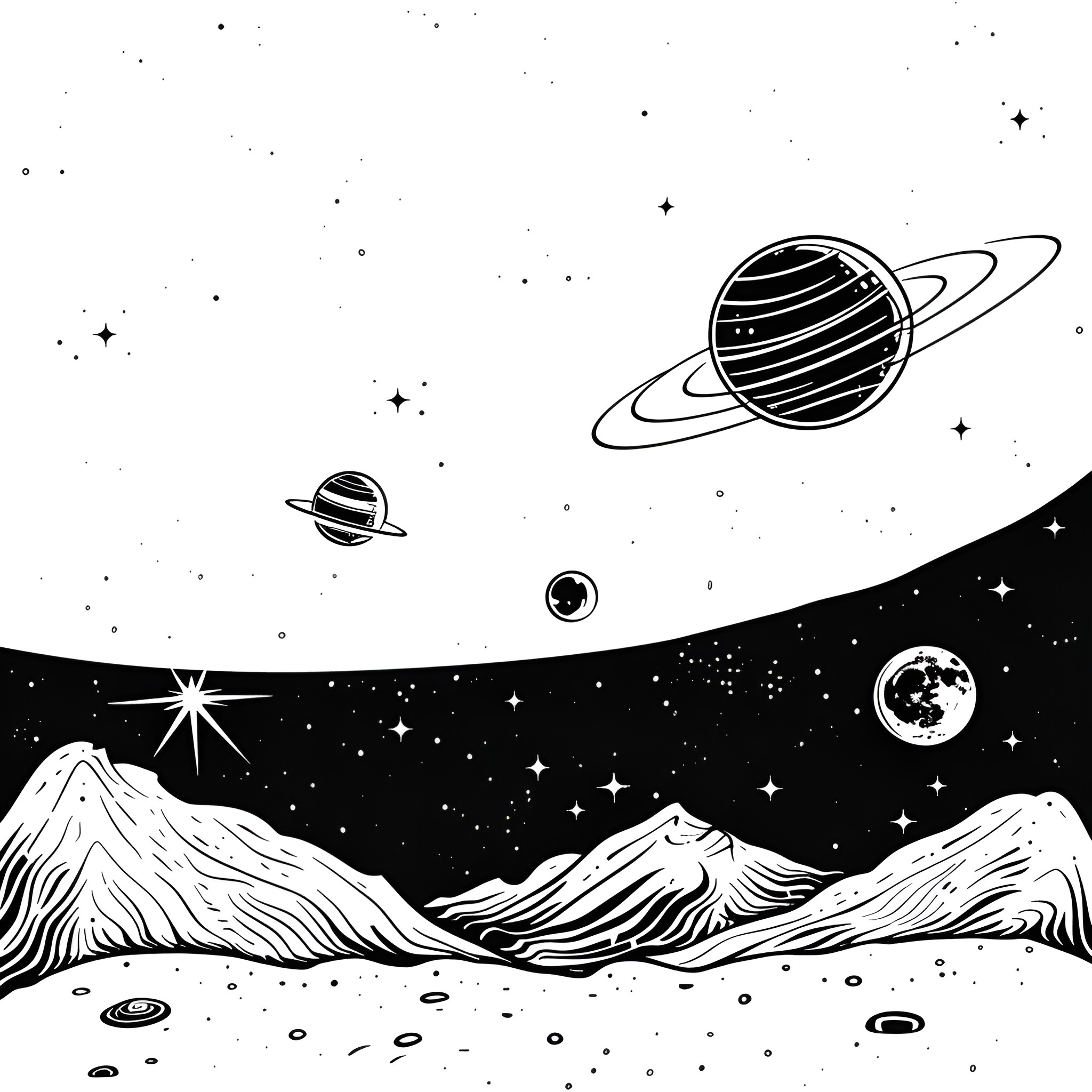 Outer Space Celestial Landscape Drawing Idea (free black-and-white line drawing printable PDF for all, from beginners to advanced learners, including children, teens, adults, and seniors)
