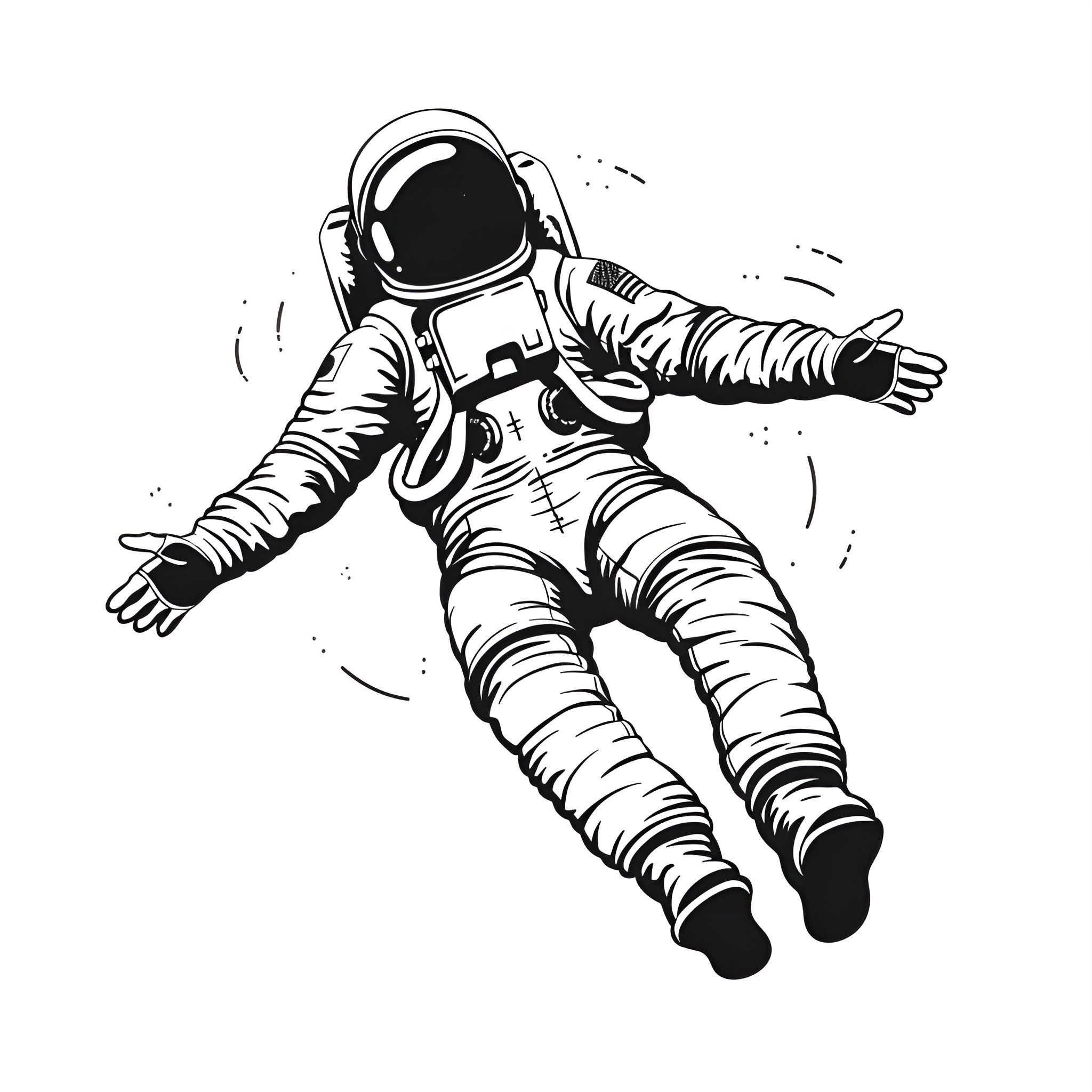 Outer Space Astronaut Floating Drawing Idea (free black-and-white line drawing printable PDF for all, from beginners to advanced learners, including children, teens, adults, and seniors)