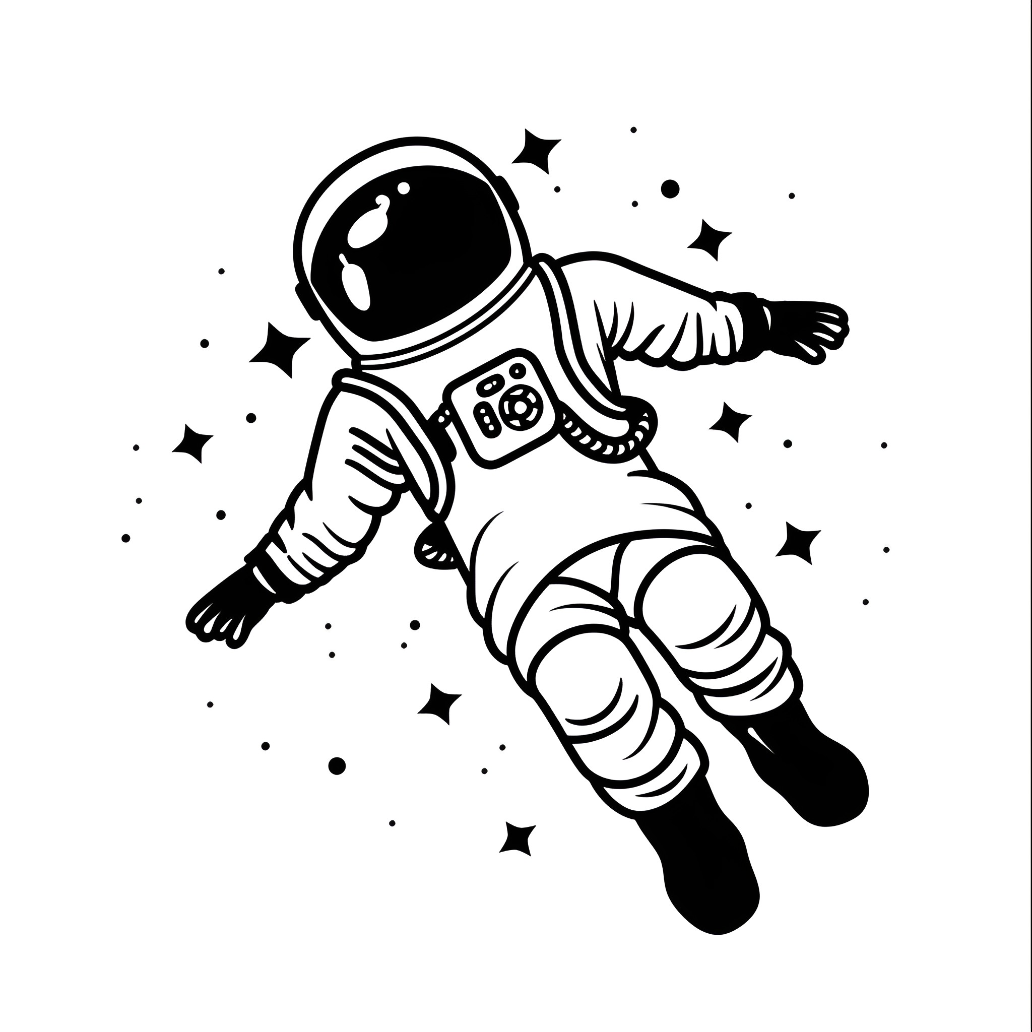 Outer Space Astronaut Floating in Cosmos Drawing Idea (free black-and-white line drawing printable PDF for all, from beginners to advanced learners, including children, teens, adults, and seniors)