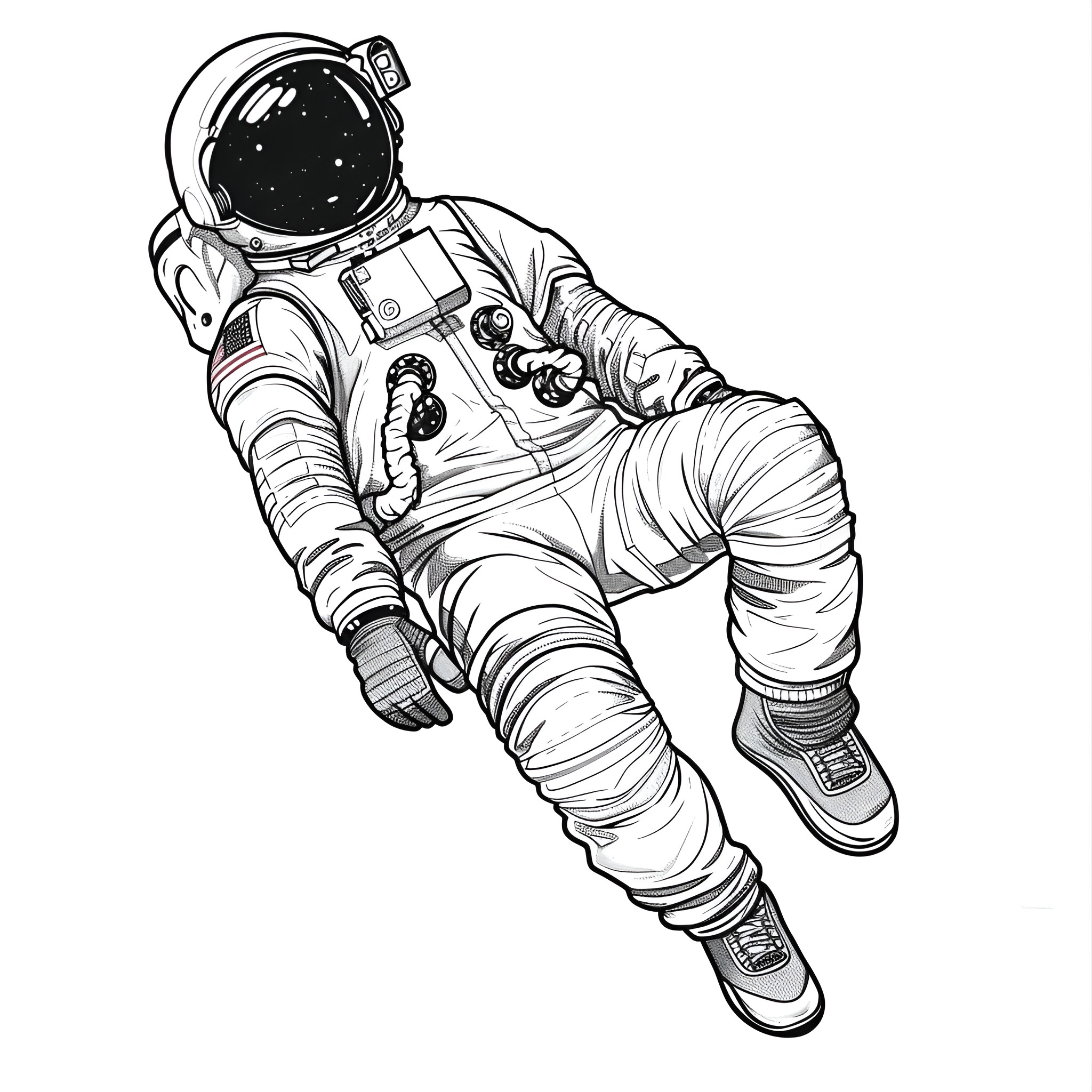 Outer Space Astronaut Floating in Weightlessness Drawing Idea (free black-and-white line drawing printable PDF for all, from beginners to advanced learners, including children, teens, adults, and seniors)