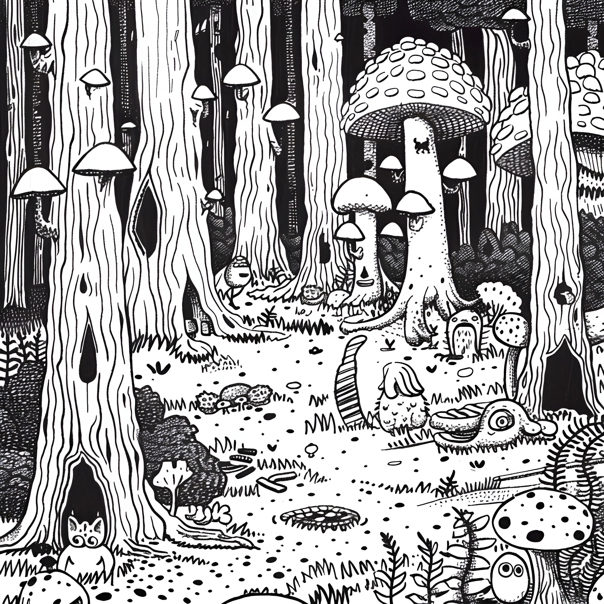 Unique Whimsical Mushroom Forest Landscape Drawing Idea (free black-and-white line drawing printable PDF for all, from beginners to advanced learners, including children, teens, adults, and seniors)