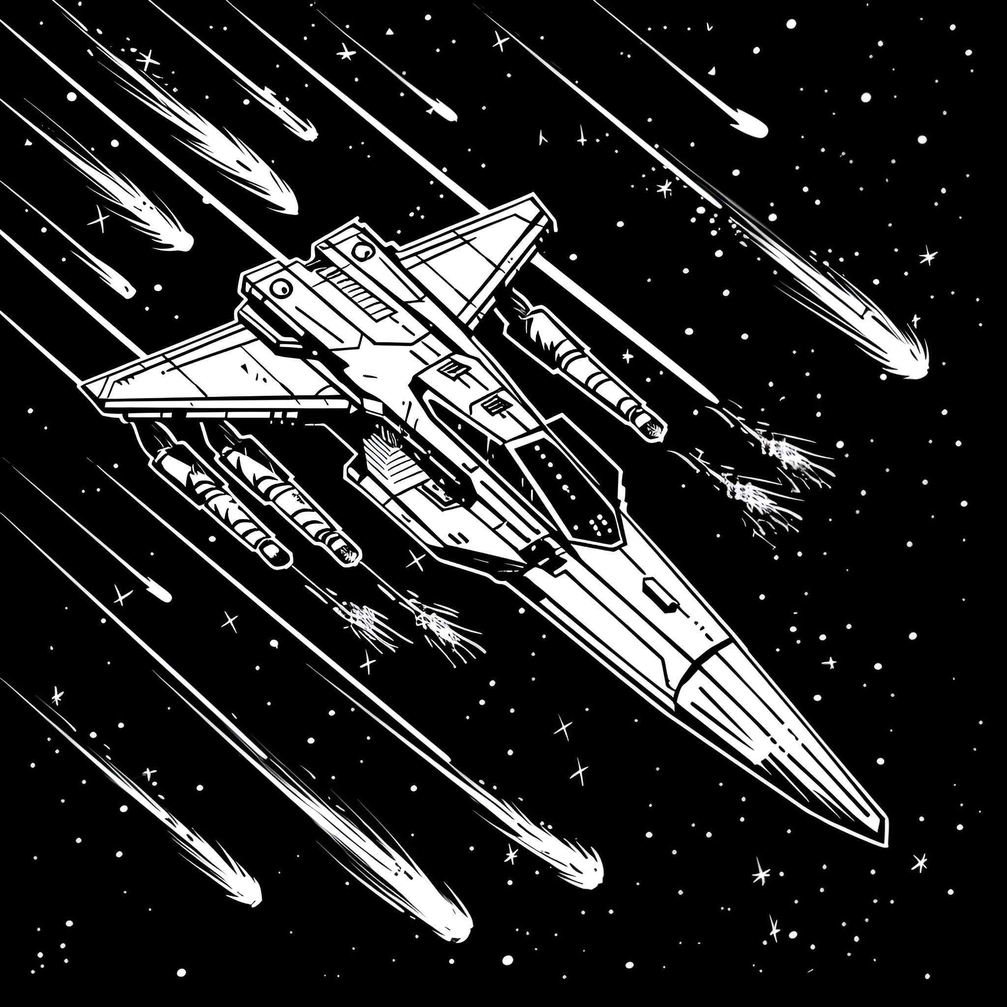 Outer Space Futuristic Spacecraft Soaring Through Cosmos Drawing Idea (free black-and-white line drawing printable PDF for all, from beginners to advanced learners, including children, teens, adults, and seniors)