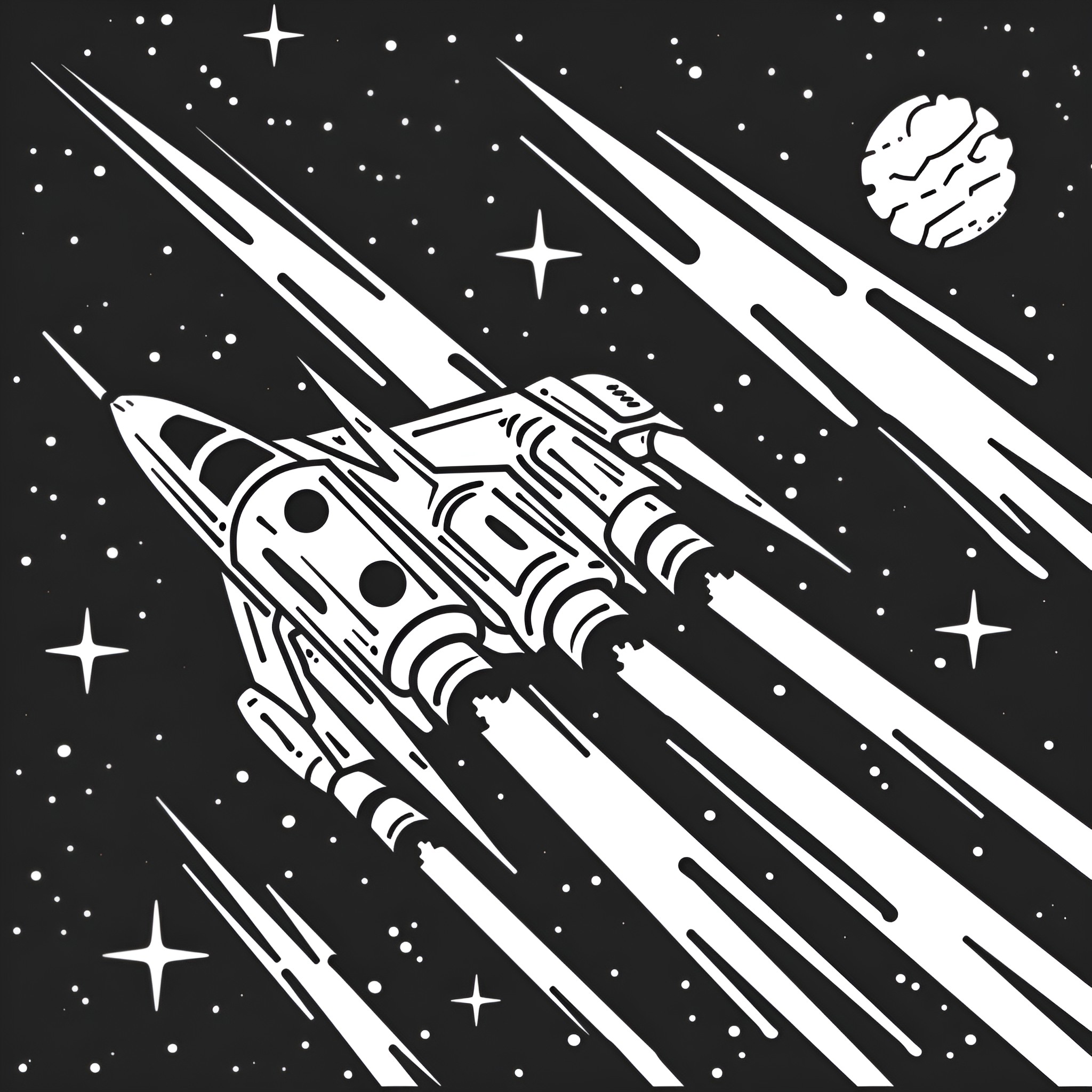 Outer Space Futuristic Spacecraft Soaring Through Stars Drawing Idea (free black-and-white line drawing printable PDF for all, from beginners to advanced learners, including children, teens, adults, and seniors)