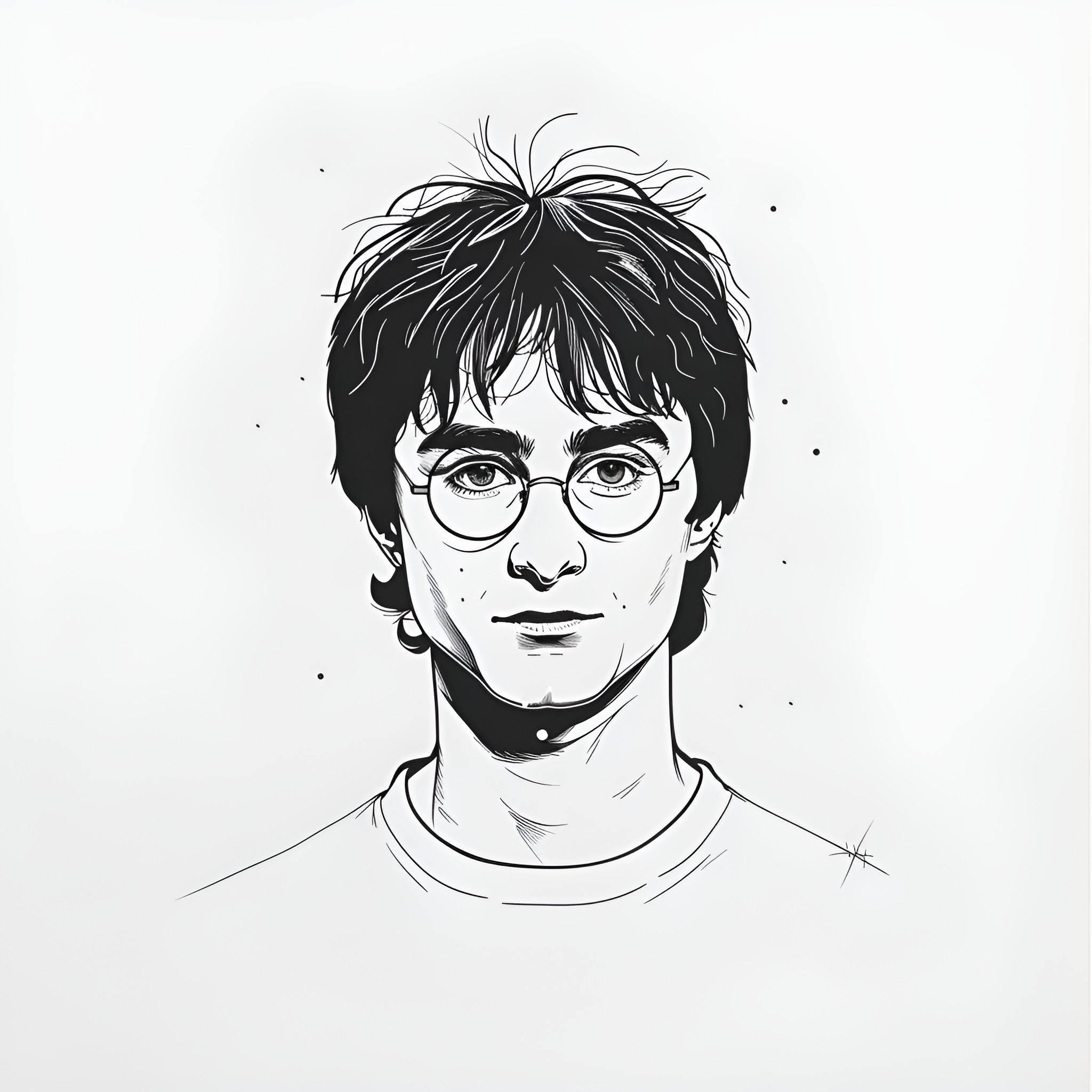 Harry Potter in a pensive expression Drawing Idea (free black-and-white line drawing printable PDF for all, from beginners to advanced learners, including children, teens, adults, and seniors)