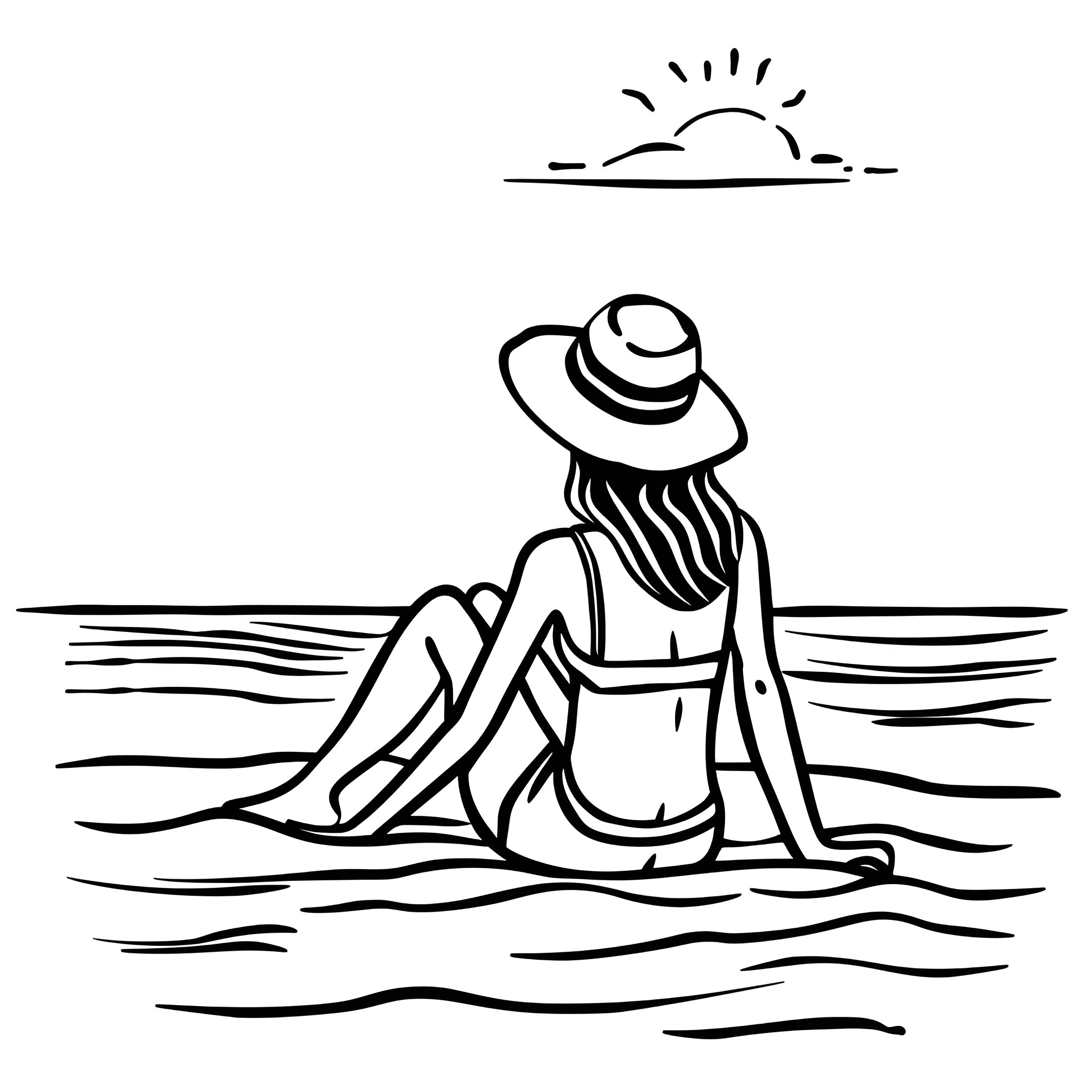Summer by the sea Drawing Idea (free black-and-white line drawing printable PDF for all, from beginners to advanced learners, including children, teens, adults, and seniors)