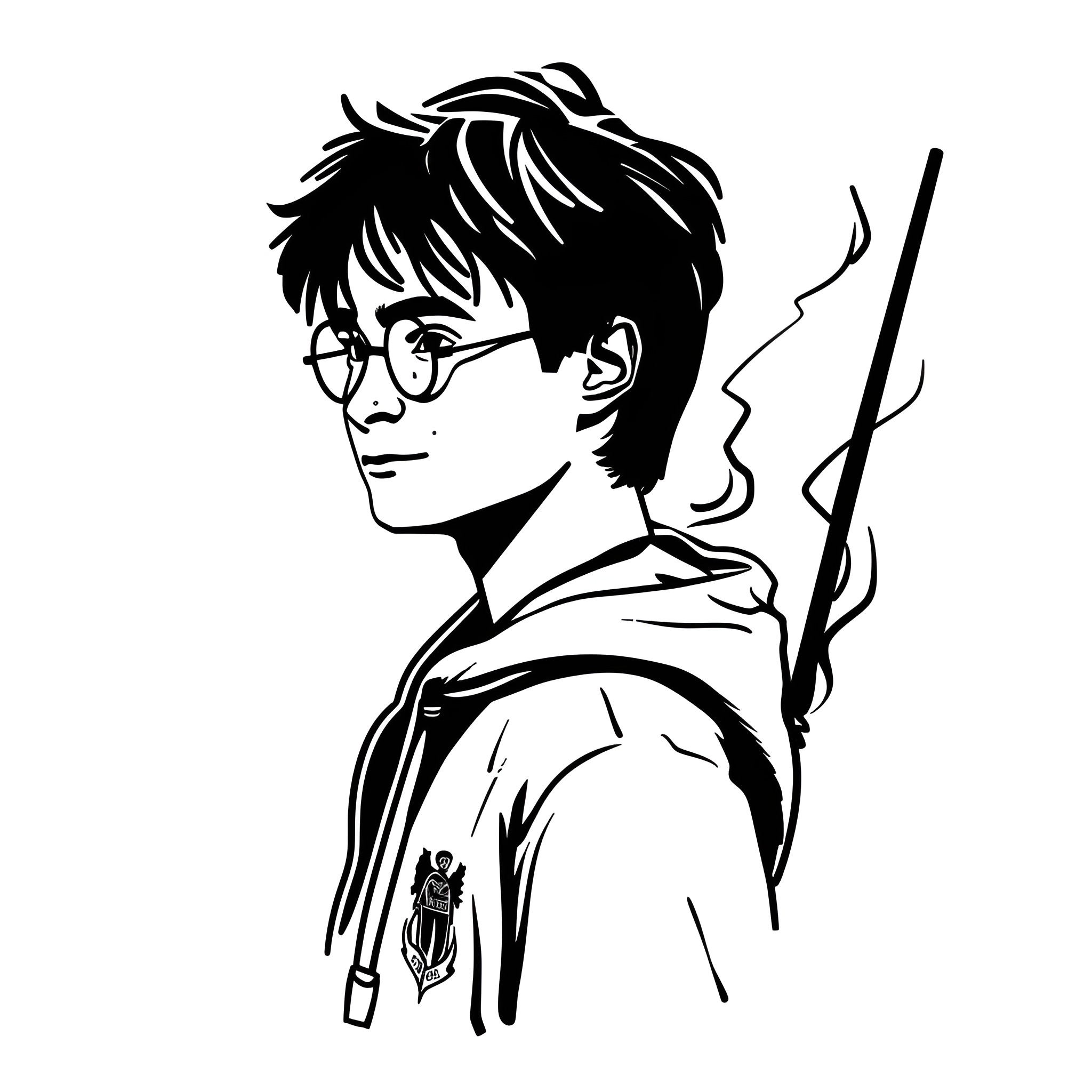Harry Potter in Wizarding Outfit Drawing Idea (free black-and-white line drawing printable PDF for all, from beginners to advanced learners, including children, teens, adults, and seniors)