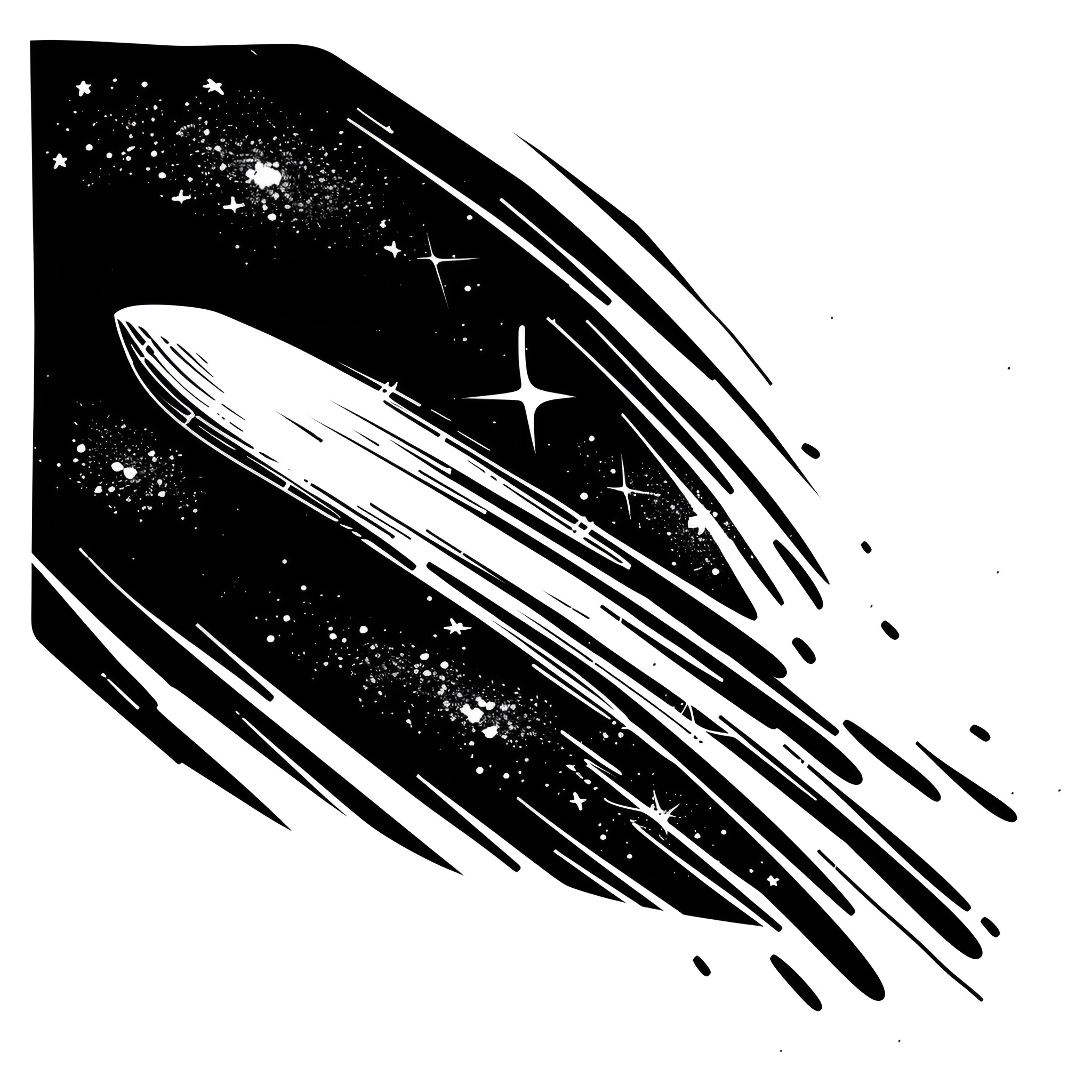 Outer Space Celestial Comet Streaking Through Drawing Idea (free black-and-white line drawing printable PDF for all, from beginners to advanced learners, including children, teens, adults, and seniors)