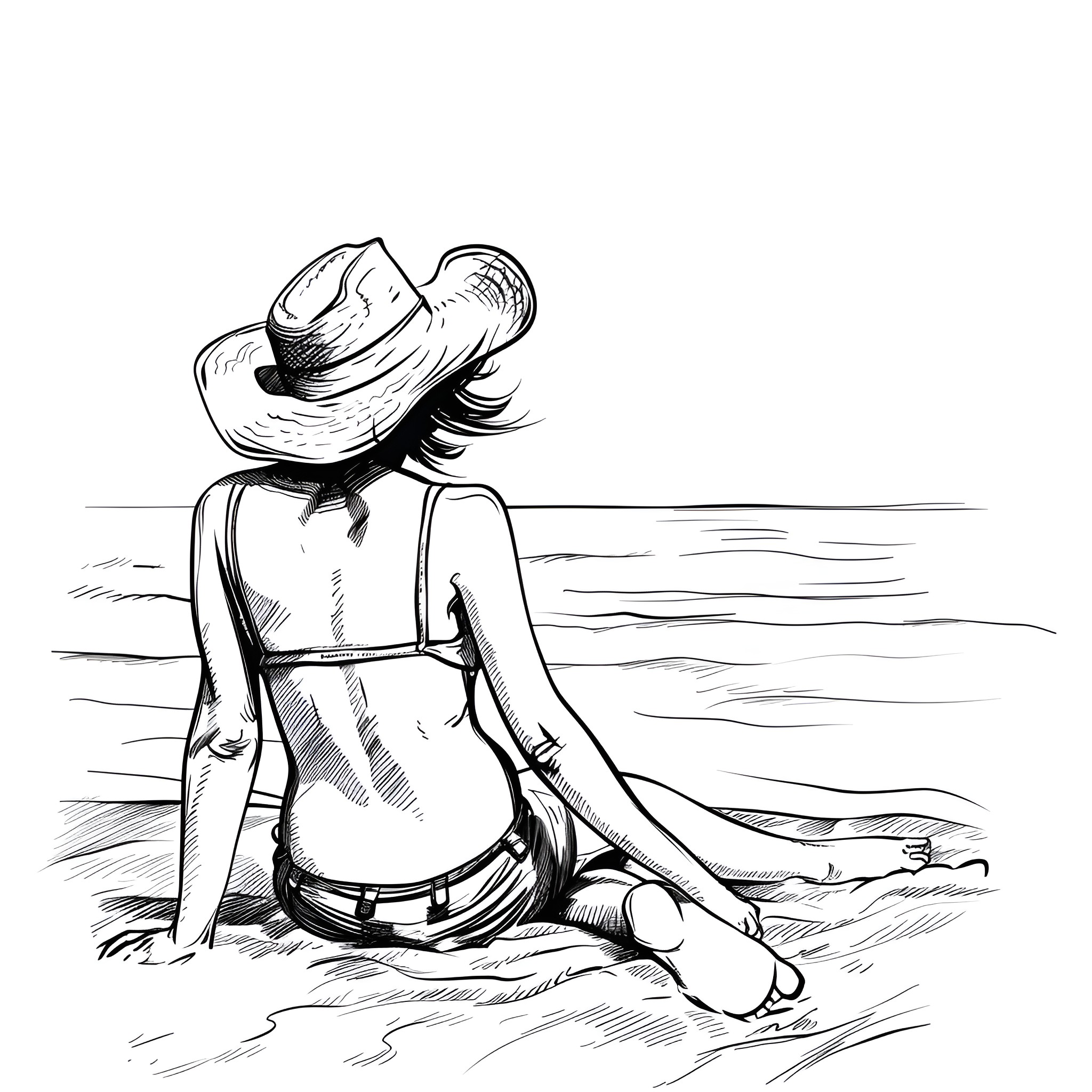 Summer solitude on the beach Drawing Idea (free black-and-white line drawing printable PDF for all, from beginners to advanced learners, including children, teens, adults, and seniors)