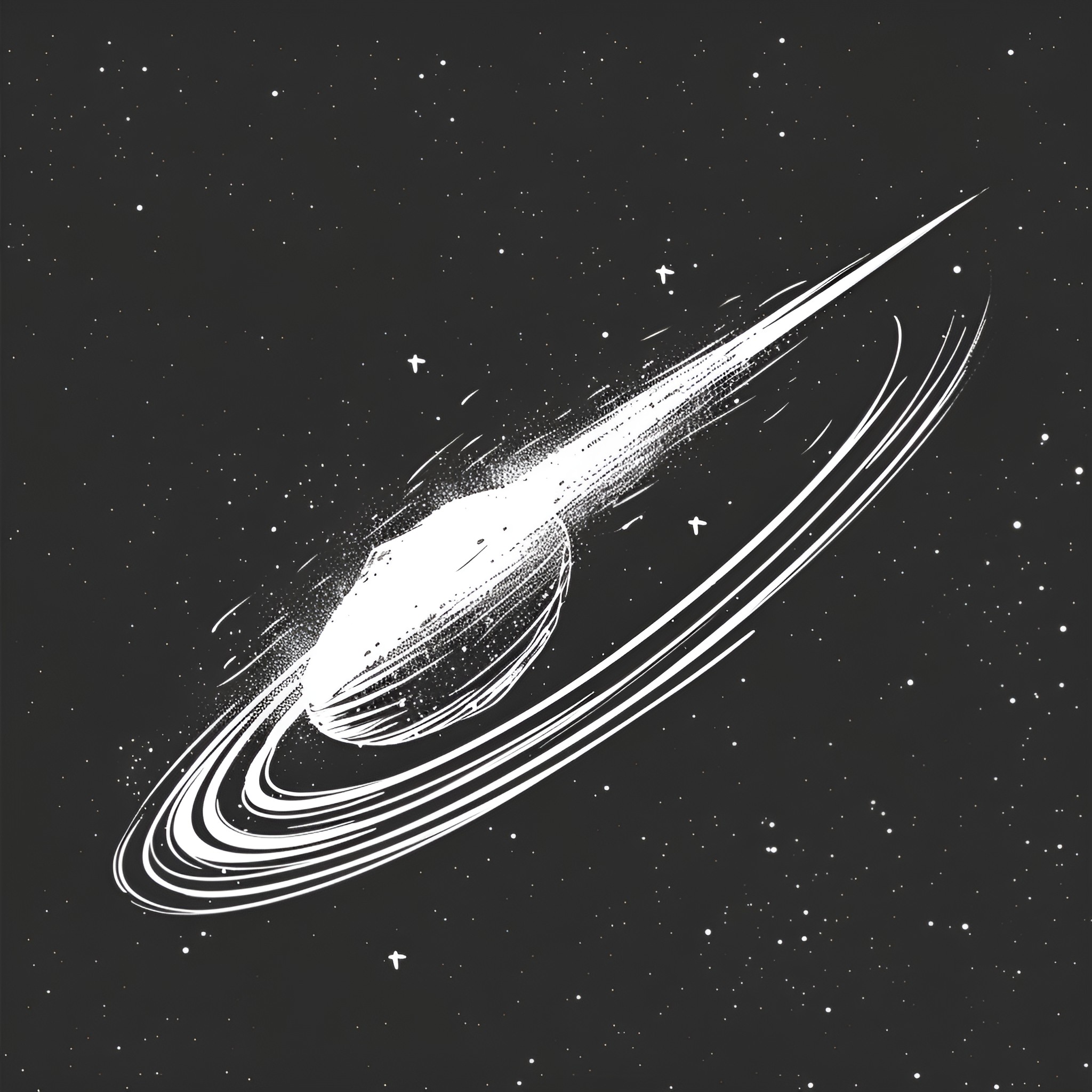 Outer Space Celestial Comet Streaking Through Galaxy Drawing Idea (free black-and-white line drawing printable PDF for all, from beginners to advanced learners, including children, teens, adults, and seniors)