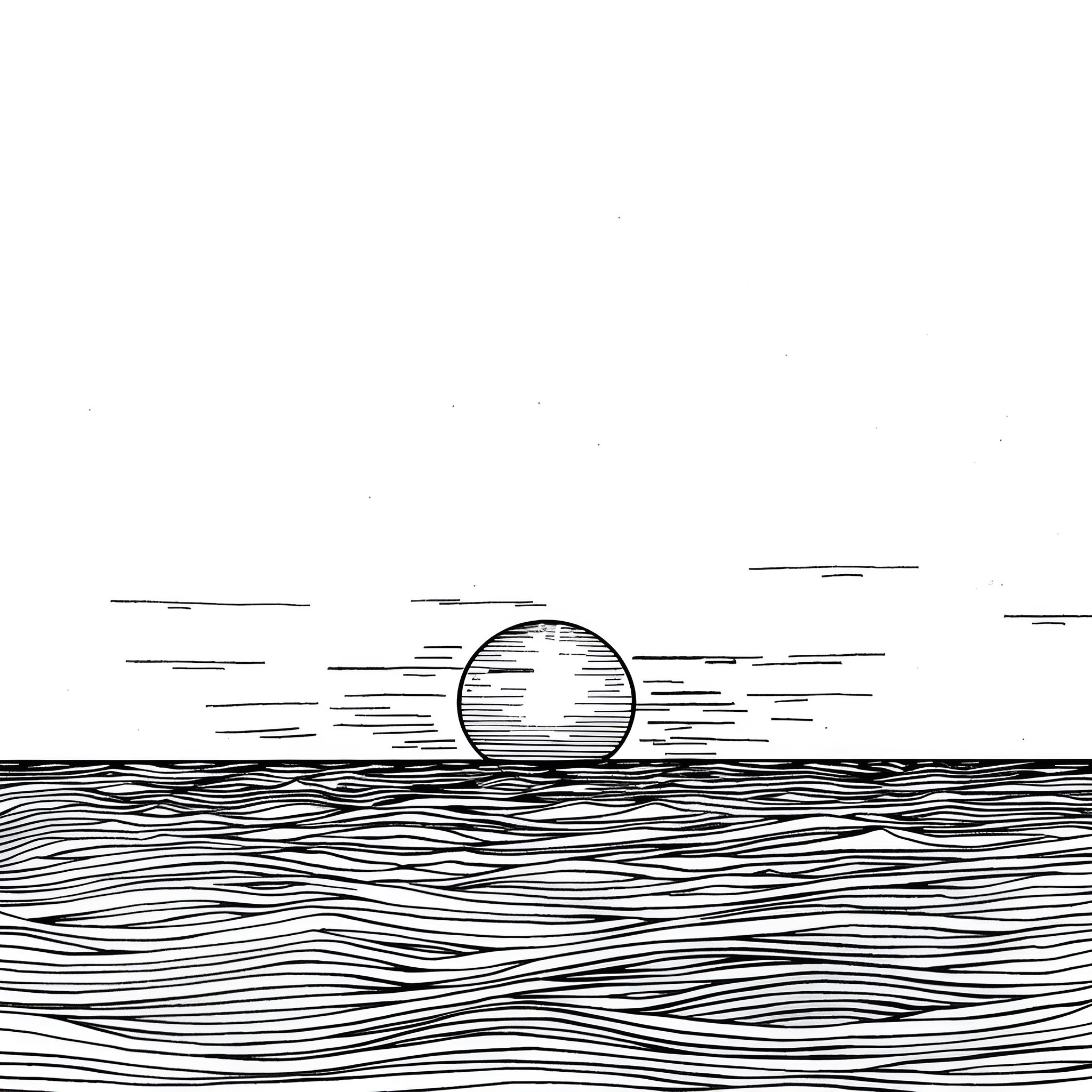 Sad moonlight over the restless sea Drawing Idea (free black-and-white line drawing printable PDF for all, from beginners to advanced learners, including children, teens, adults, and seniors)