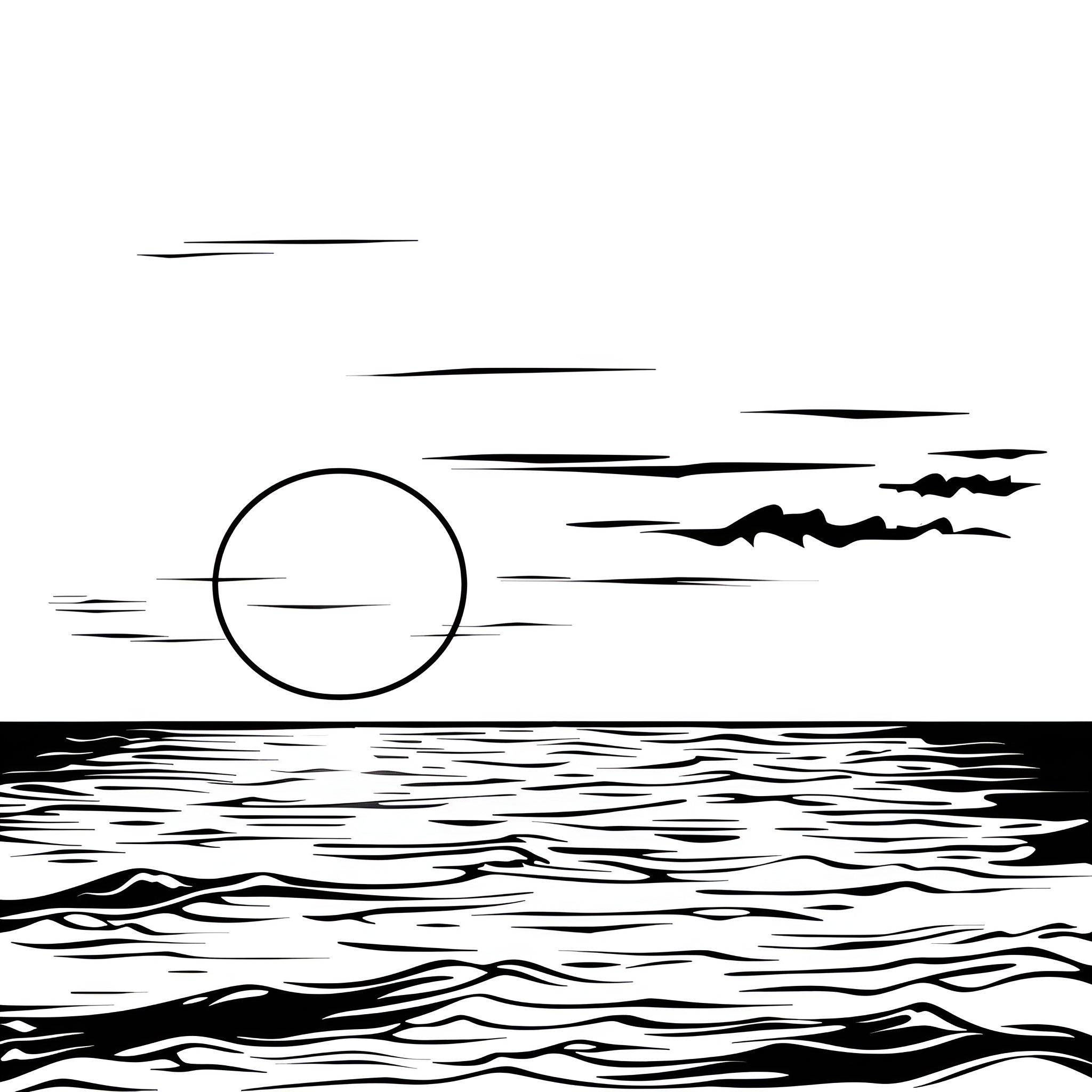 Sad Sunset Over Turbulent Waters Drawing Idea (free black-and-white line drawing printable PDF for all, from beginners to advanced learners, including children, teens, adults, and seniors)