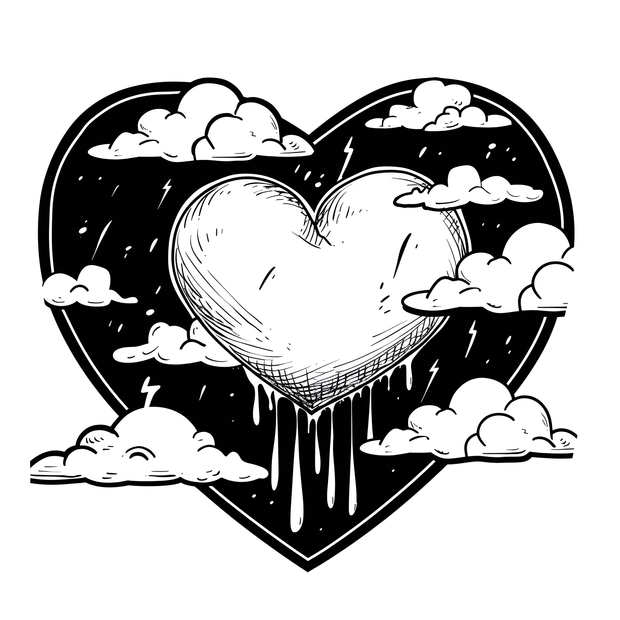 Heart melting in rainy clouds Drawing Idea (free black-and-white line drawing printable PDF for all, from beginners to advanced learners, including children, teens, adults, and seniors)