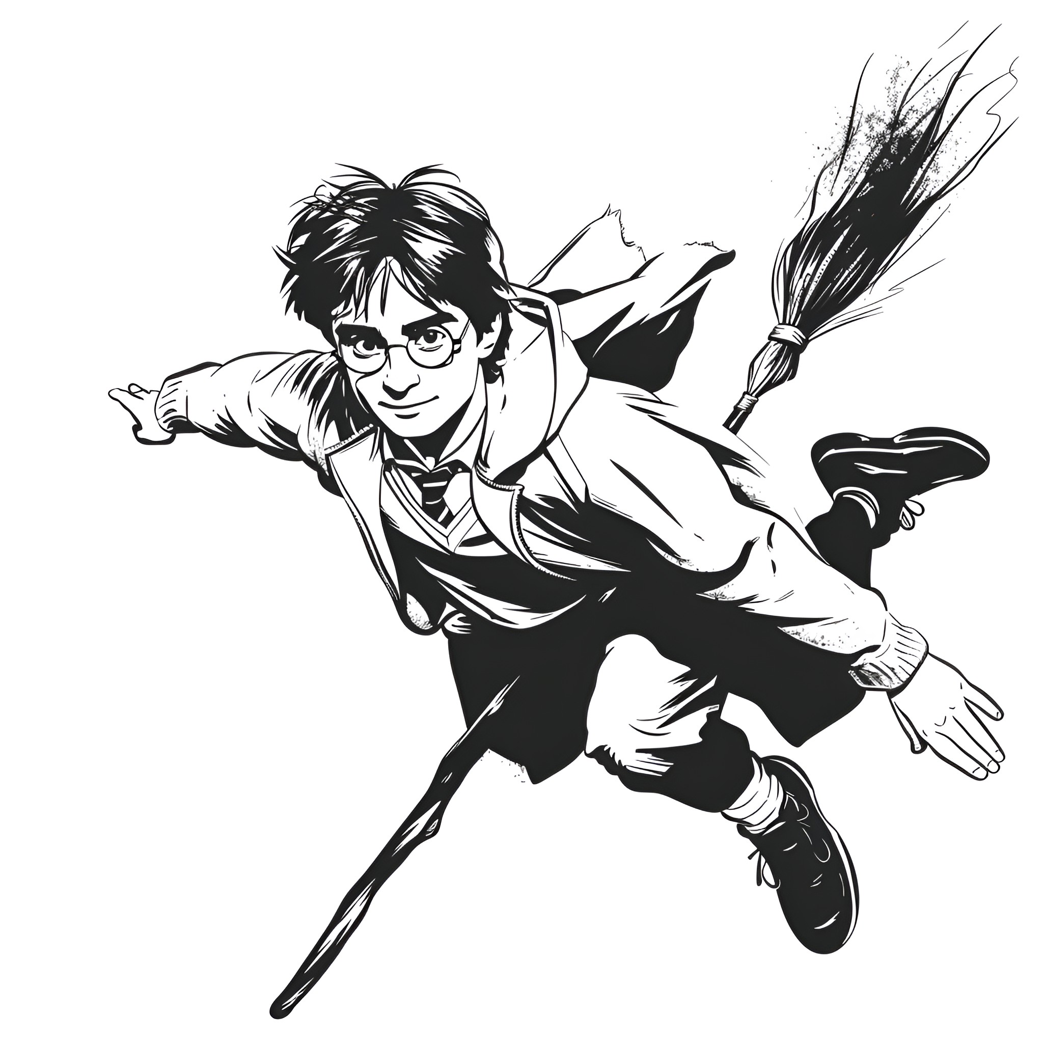Harry Potter soaring with magic broomstick Drawing Idea (free black-and-white line drawing printable PDF for all, from beginners to advanced learners, including children, teens, adults, and seniors)