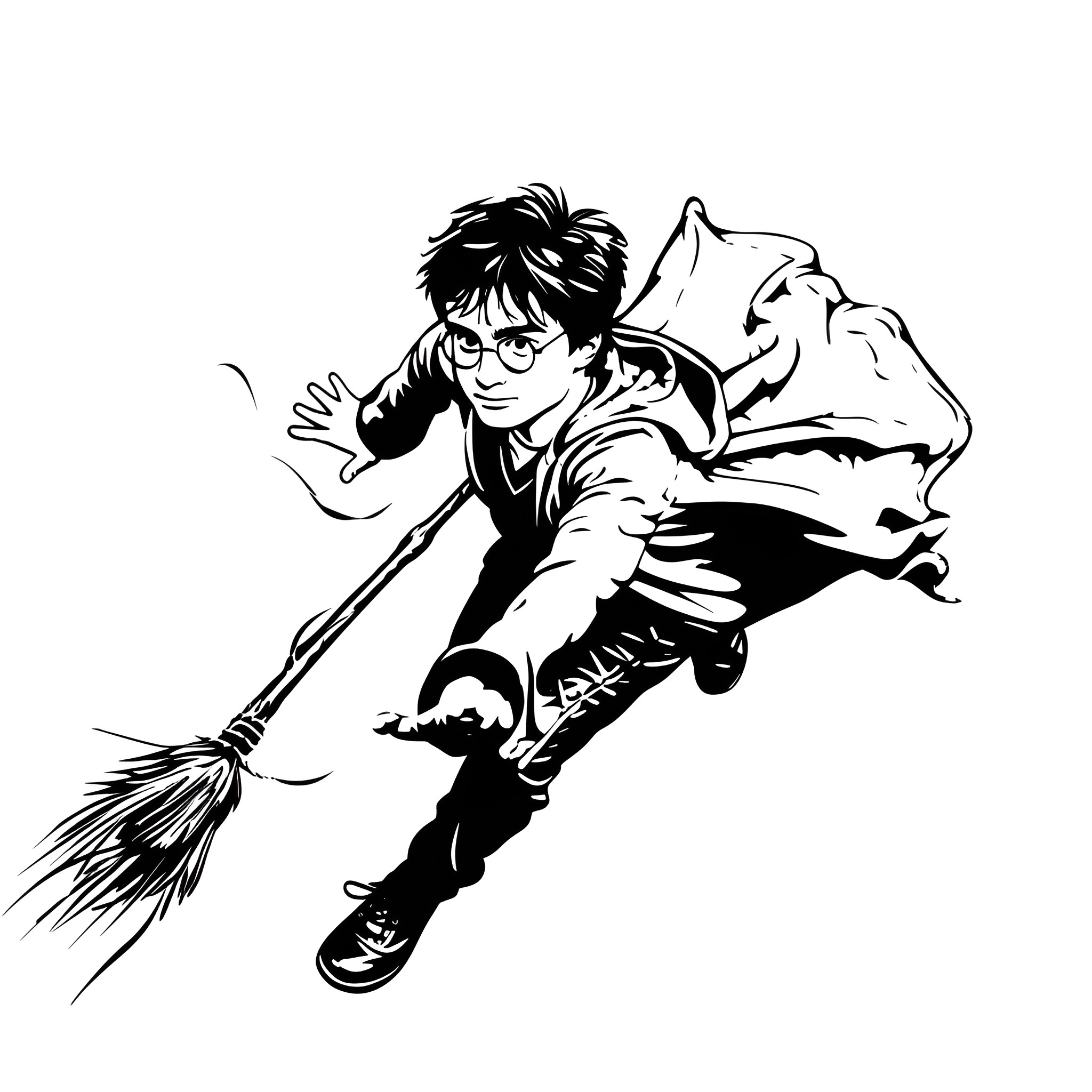 Harry Potter flying on a broomstick Drawing Idea (free black-and-white line drawing printable PDF for all, from beginners to advanced learners, including children, teens, adults, and seniors)