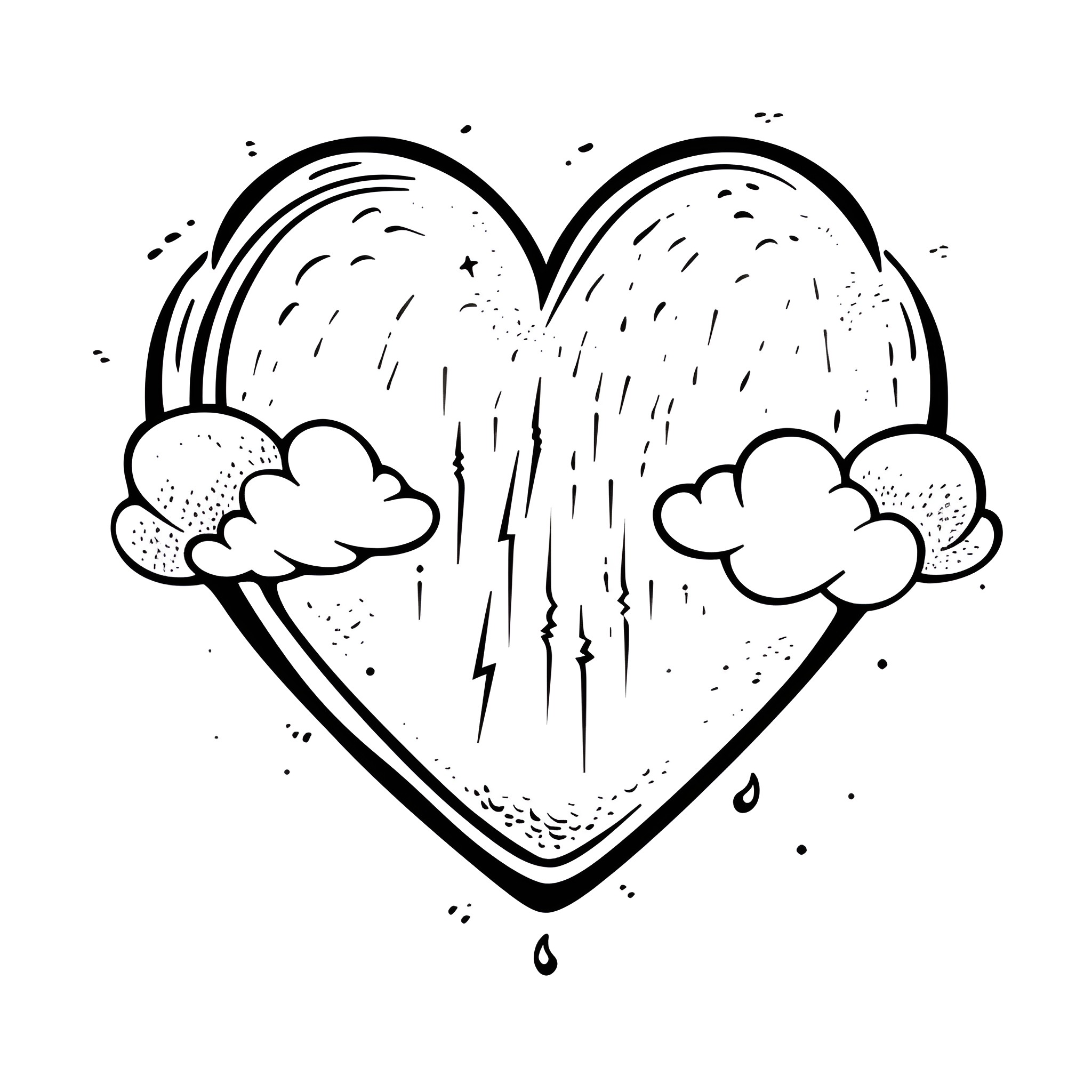 Heart with Stormy Weather Drawing Idea (free black-and-white line drawing printable PDF for all, from beginners to advanced learners, including children, teens, adults, and seniors)