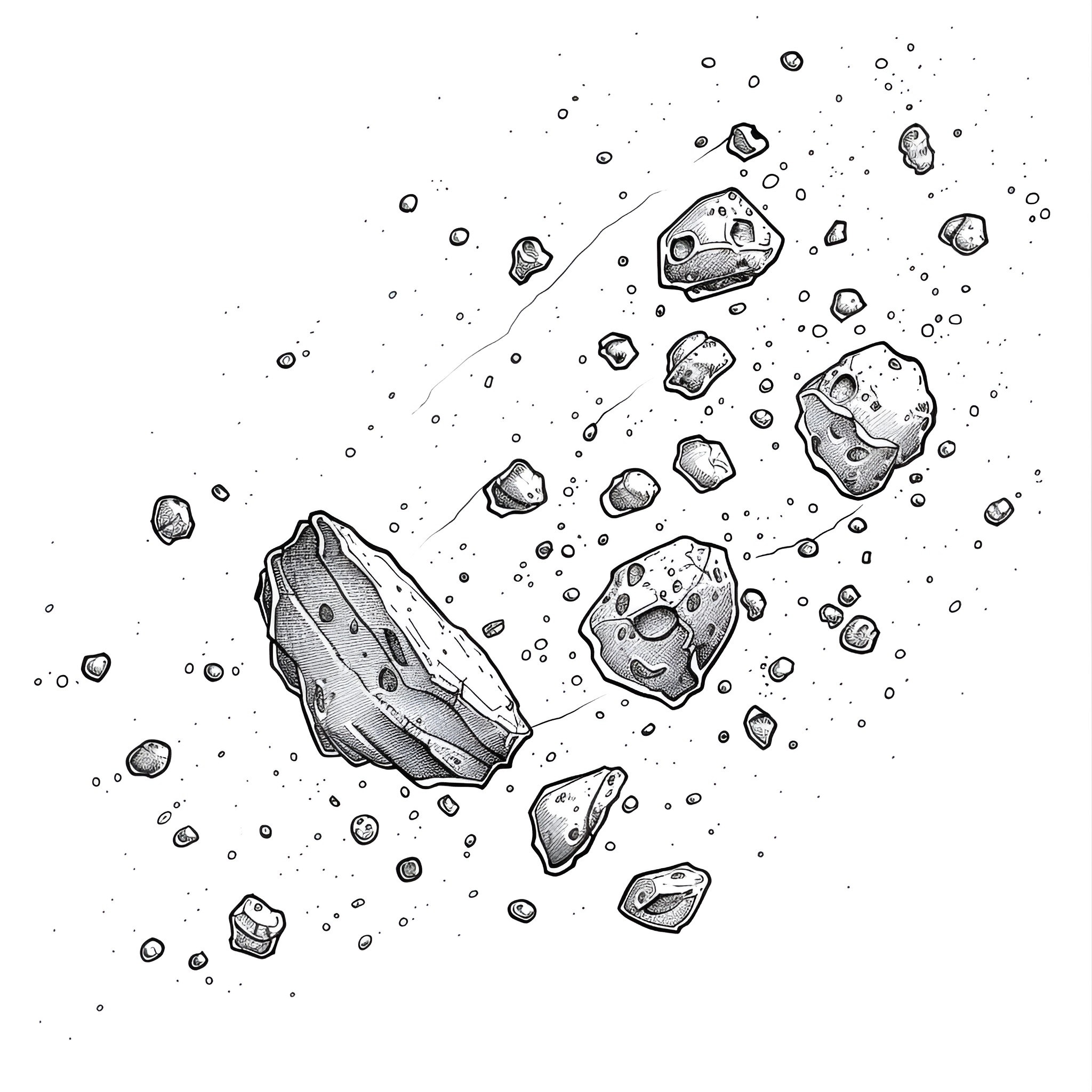 Outer Space Asteroids and Celestial Bodies Drawing Idea (free black-and-white line drawing printable PDF for all, from beginners to advanced learners, including children, teens, adults, and seniors)