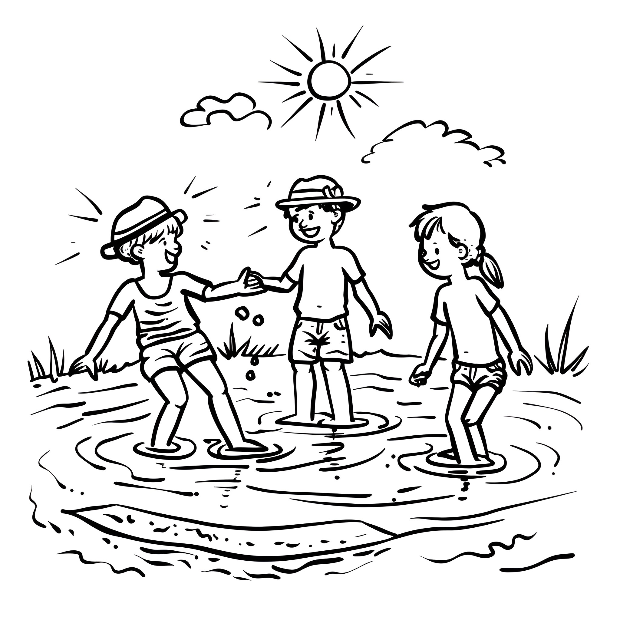 Summer friends splashing in water Drawing Idea (free black-and-white line drawing printable PDF for all, from beginners to advanced learners, including children, teens, adults, and seniors)