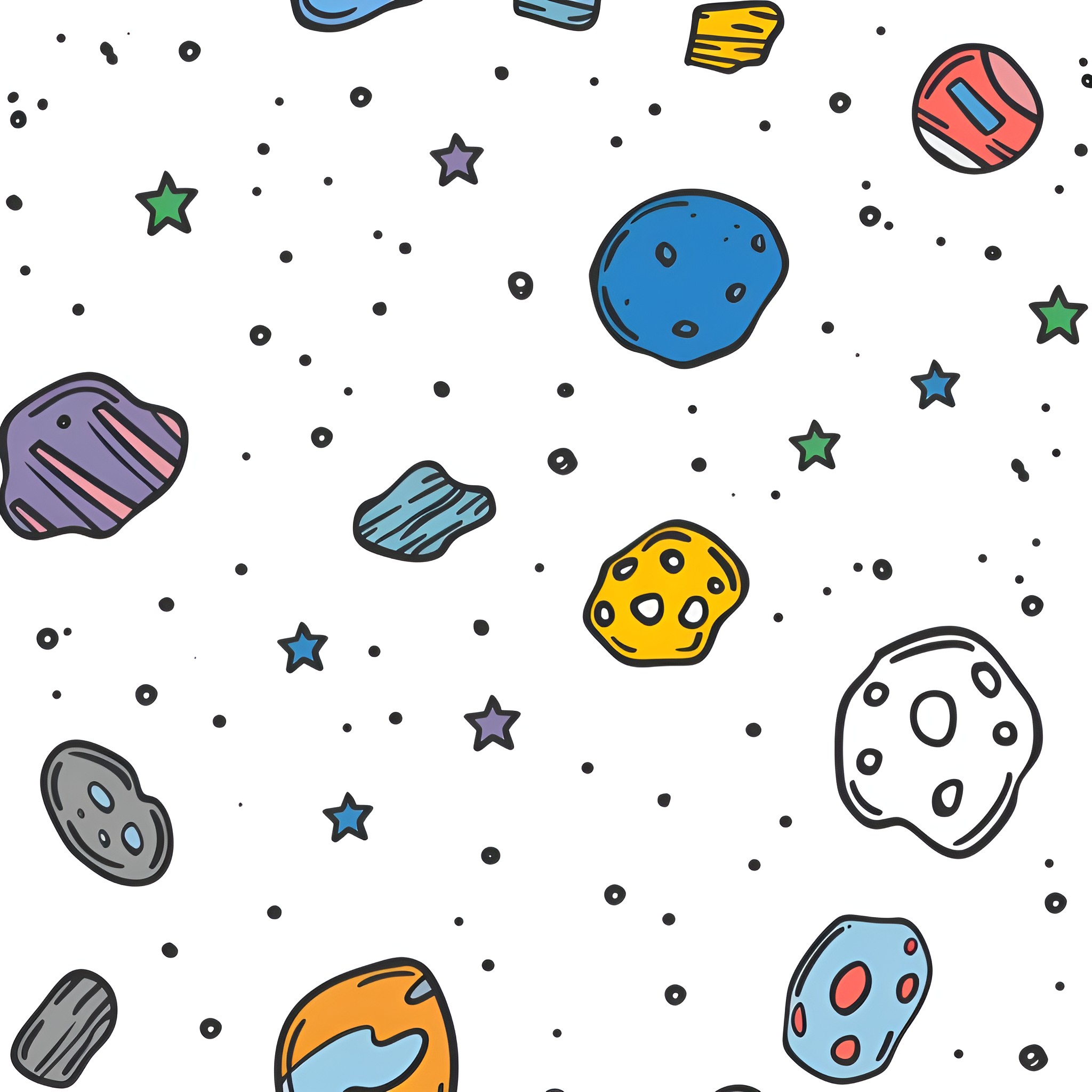 Outer Space Celestial Objects and Doodles Drawing Idea (free black-and-white line drawing printable PDF for all, from beginners to advanced learners, including children, teens, adults, and seniors)