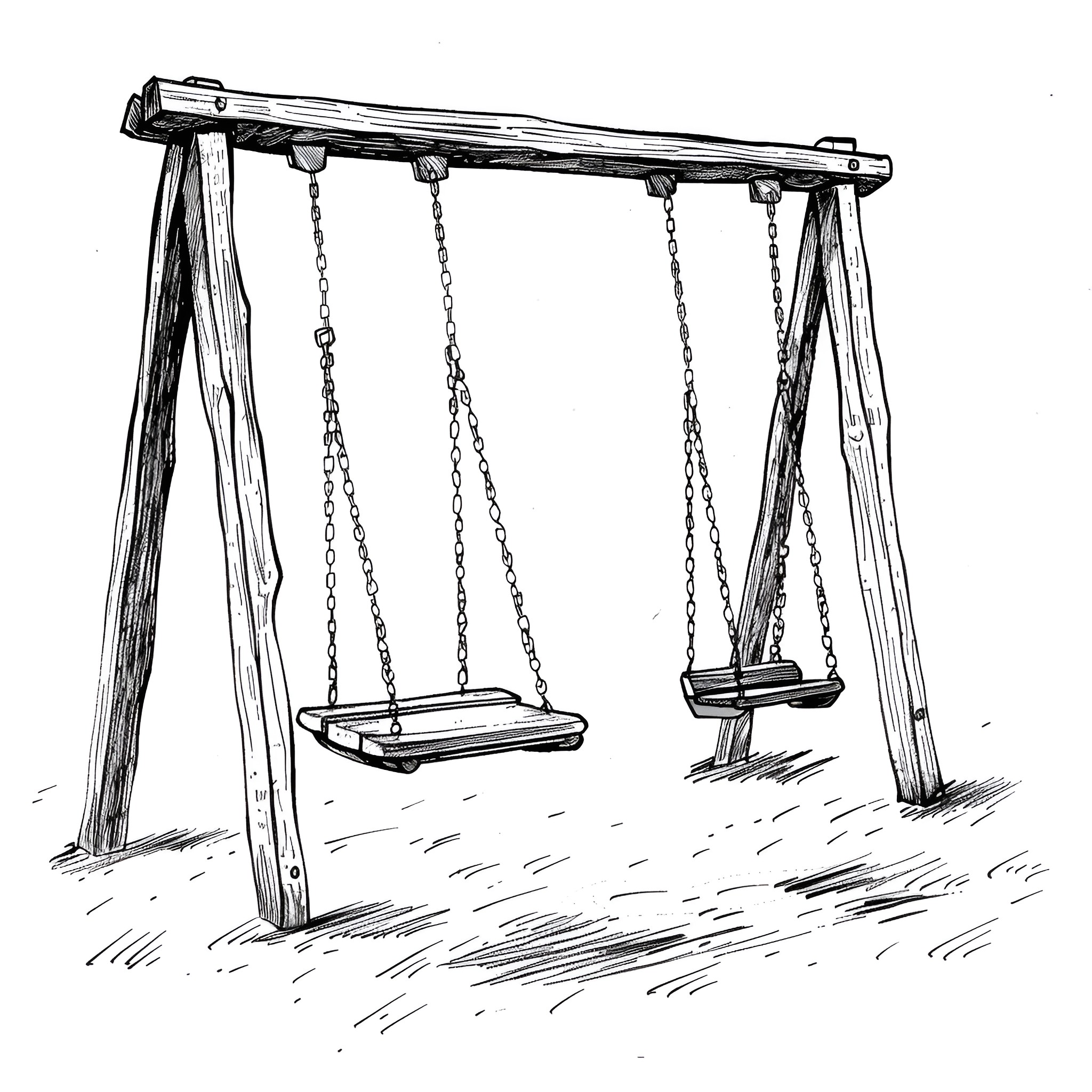 Sad Empty Swingset in Solitude Drawing Idea (free black-and-white line drawing printable PDF for all, from beginners to advanced learners, including children, teens, adults, and seniors)