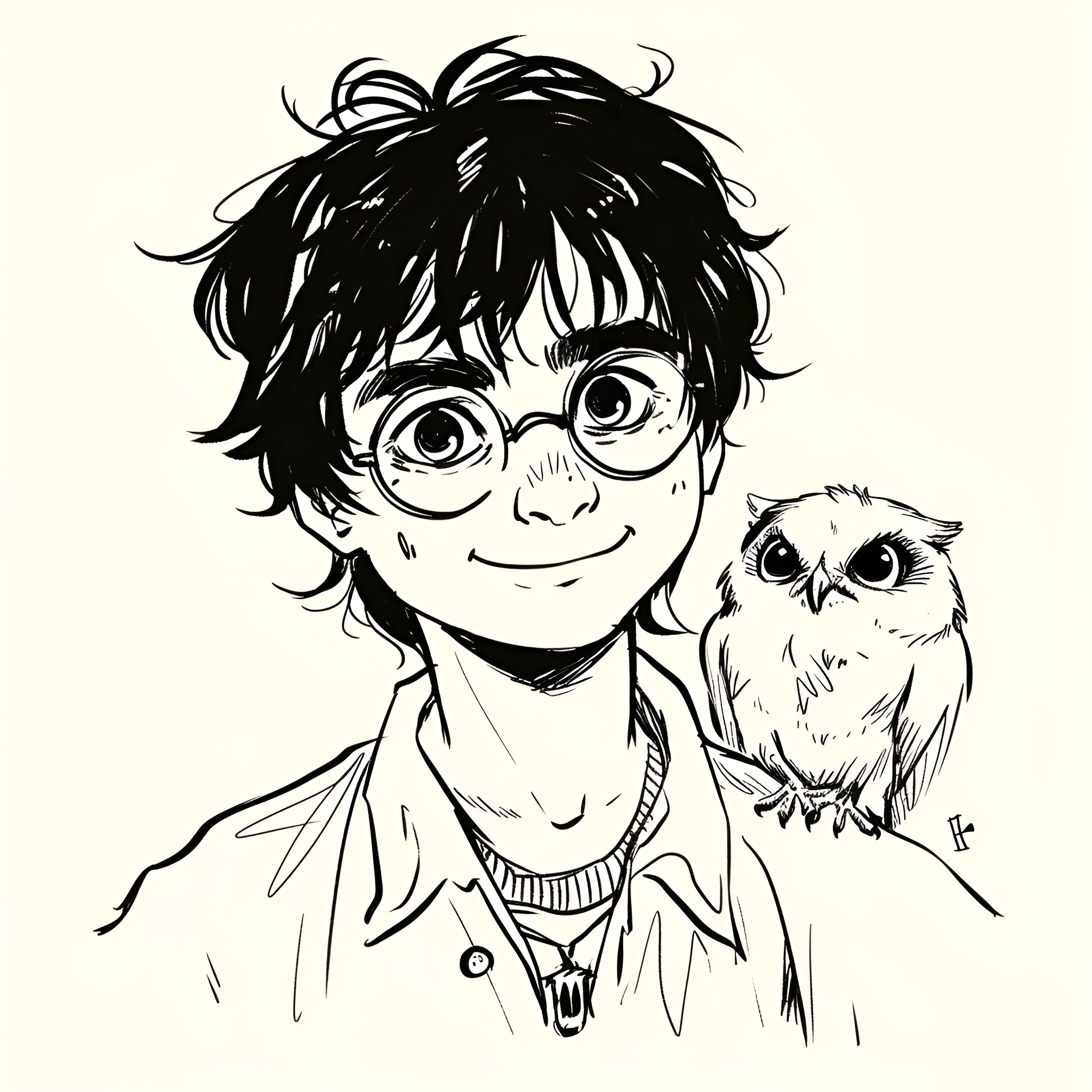 Harry Potter with a Mischievous Smile and Owl Companion Drawing Idea (free black-and-white line drawing printable PDF for all, from beginners to advanced learners, including children, teens, adults, and seniors)
