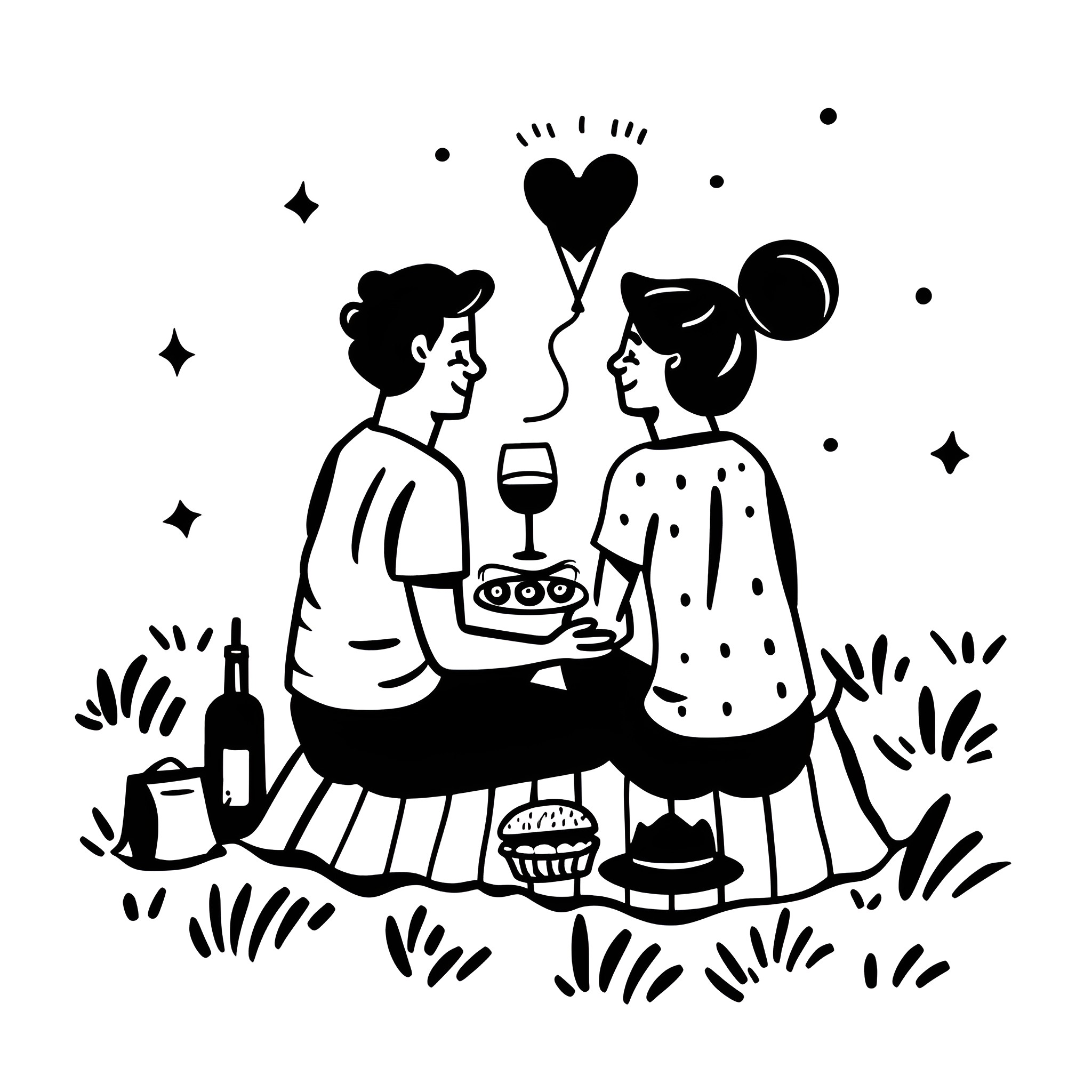 Love shared over romantic picnic Drawing Idea (free black-and-white line drawing printable PDF for all, from beginners to advanced learners, including children, teens, adults, and seniors)