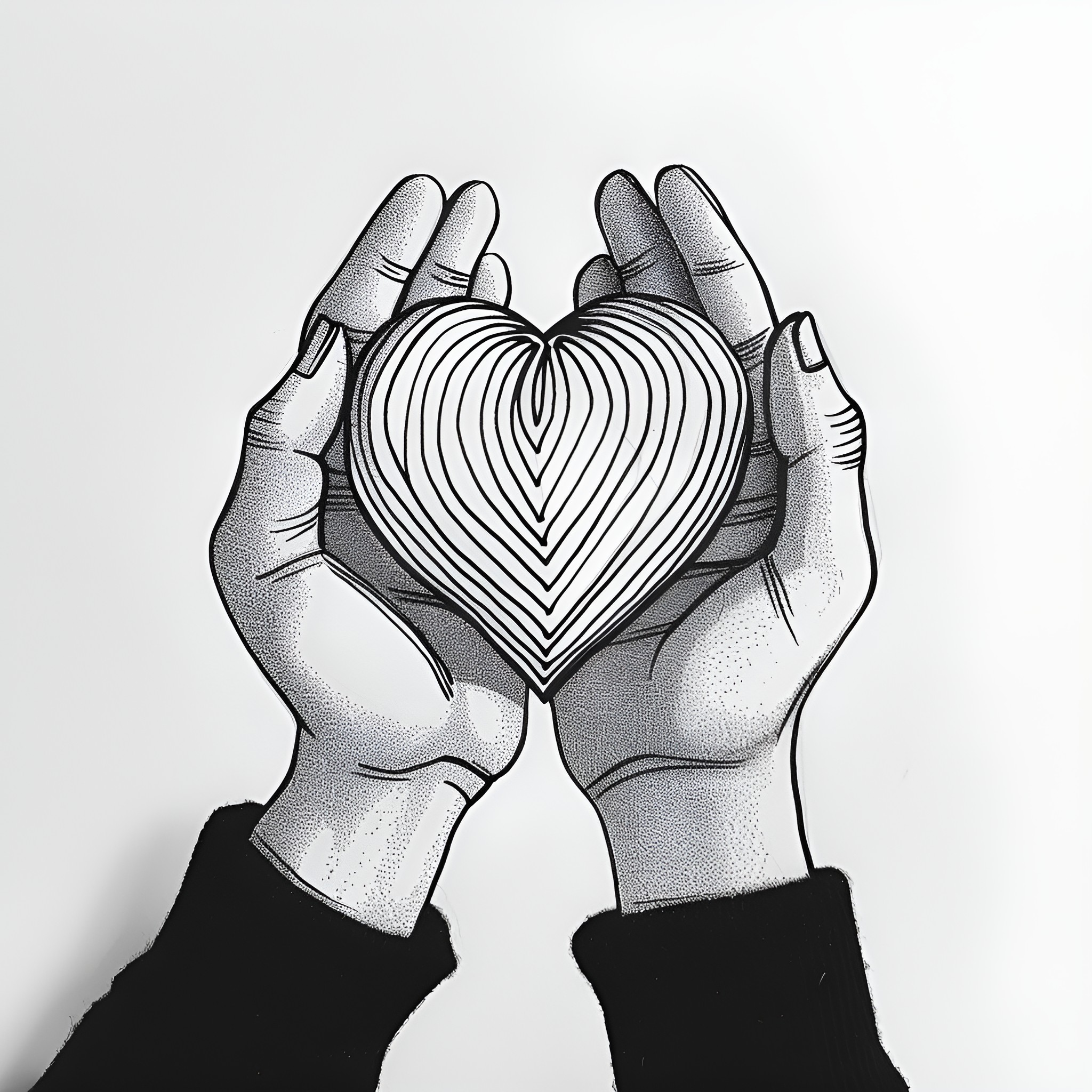 Heart hands cradling a patterned design Drawing Idea (free black-and-white line drawing printable PDF for all, from beginners to advanced learners, including children, teens, adults, and seniors)