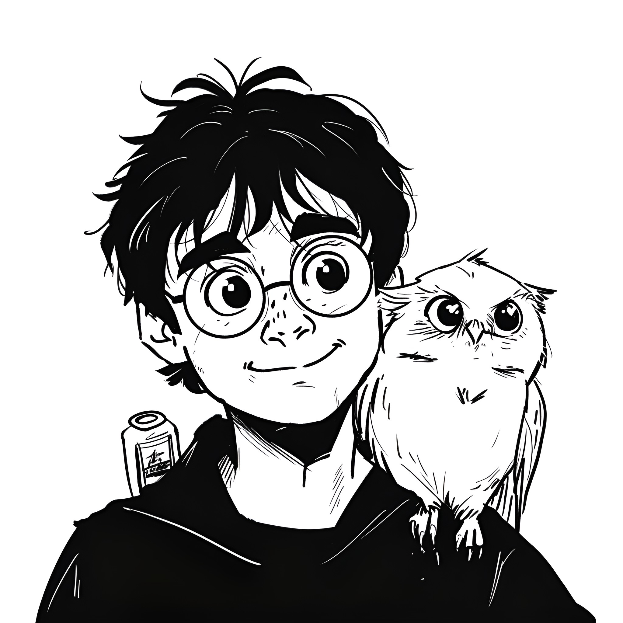Harry Potter with his pet owl Drawing Idea (free black-and-white line drawing printable PDF for all, from beginners to advanced learners, including children, teens, adults, and seniors)