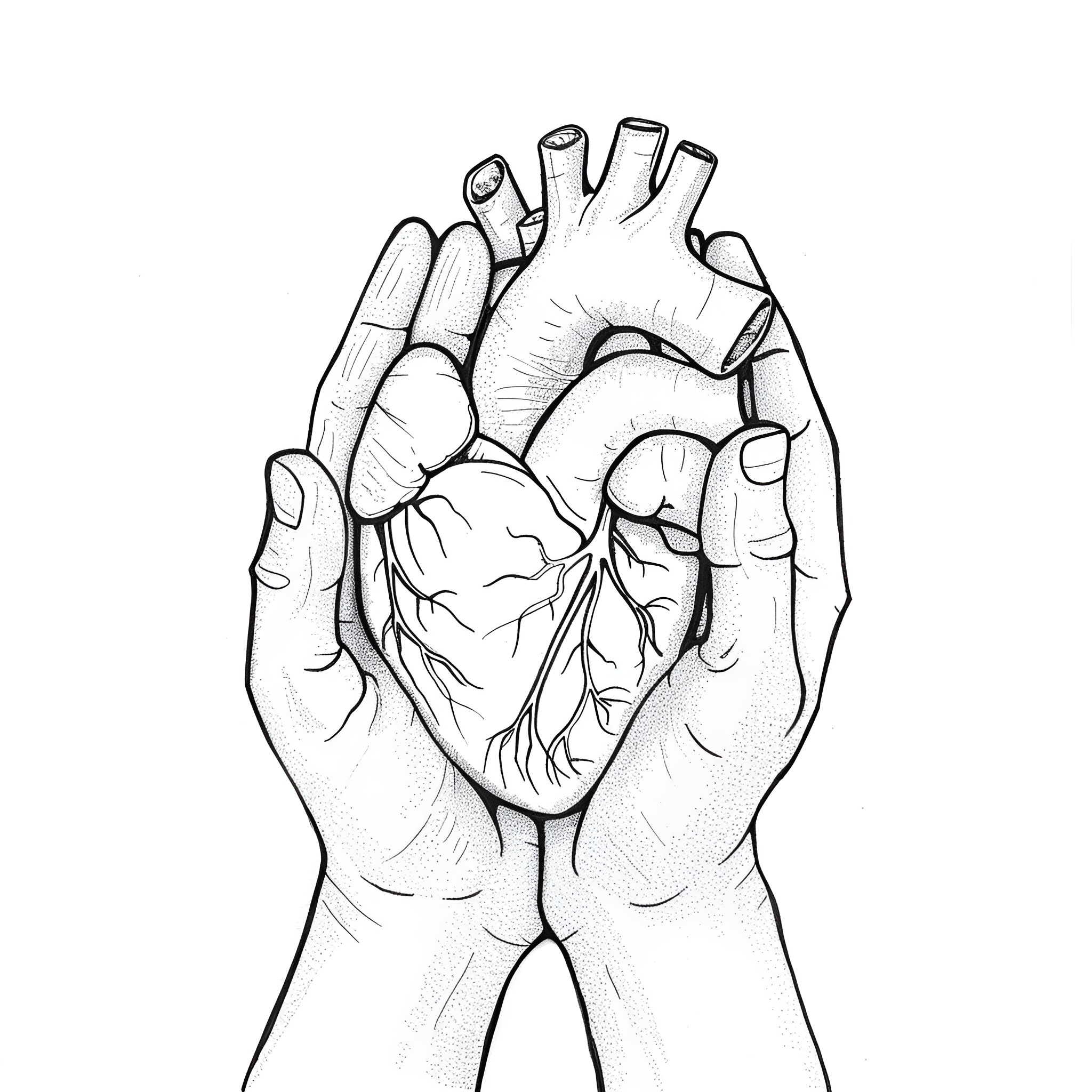 Heart in Caring Hands Drawing Idea (free black-and-white line drawing printable PDF for all, from beginners to advanced learners, including children, teens, adults, and seniors)