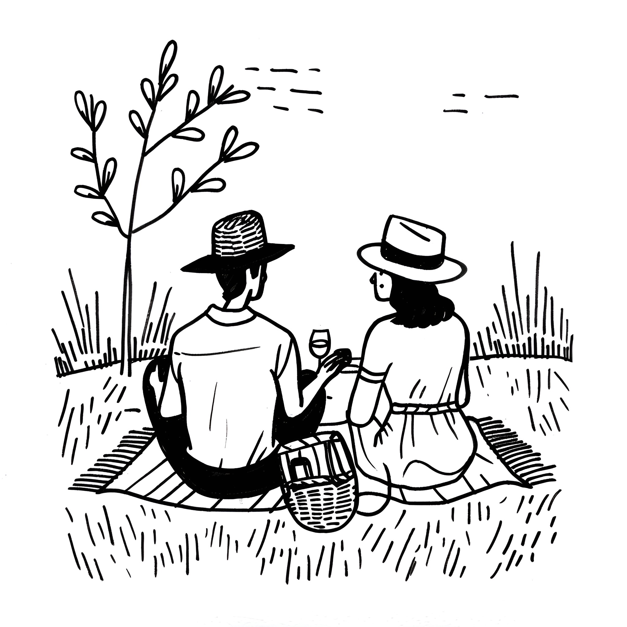 Love shared picnic in the park Drawing Idea (free black-and-white line drawing printable PDF for all, from beginners to advanced learners, including children, teens, adults, and seniors)