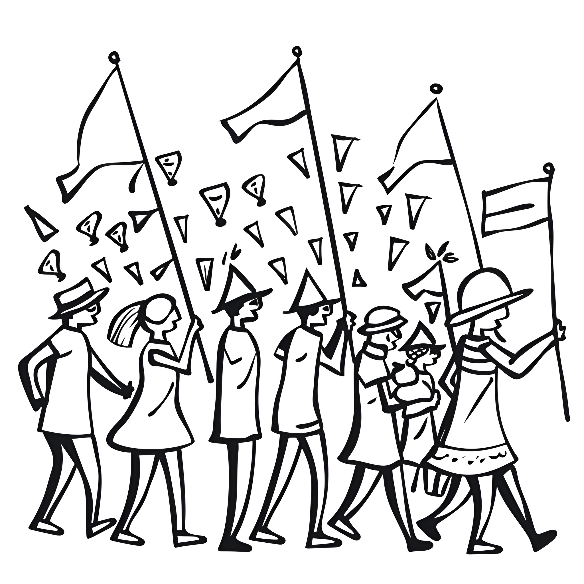 Summer parade of festive figures Drawing Idea (free black-and-white line drawing printable PDF for all, from beginners to advanced learners, including children, teens, adults, and seniors)