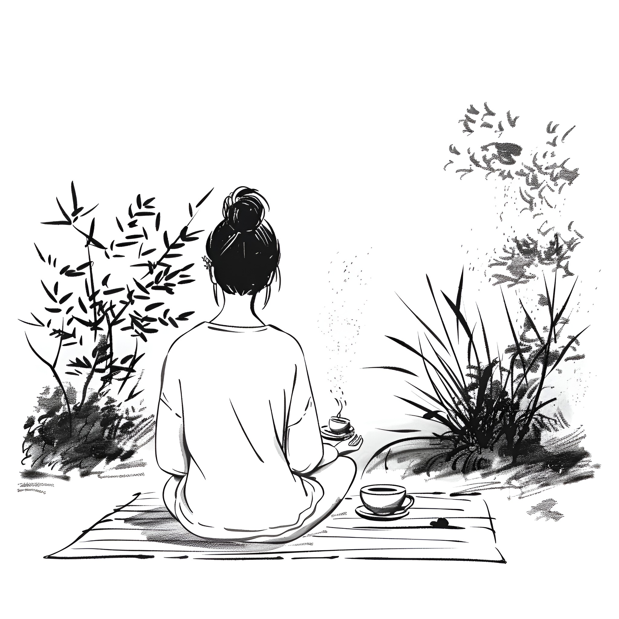 Unique Meditative Solitude in Nature Drawing Idea (free black-and-white line drawing printable PDF for all, from beginners to advanced learners, including children, teens, adults, and seniors)